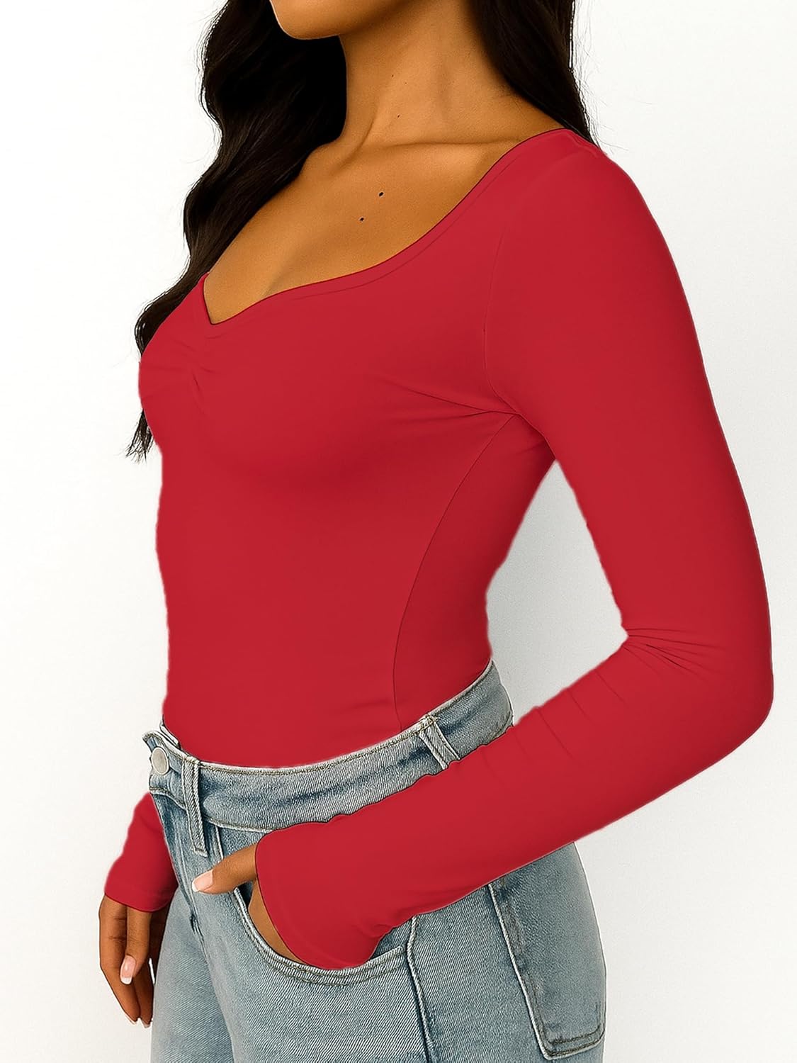 Women's Long Sleeve Shirts Going Out Tops Basic Cute Pleated Sweetheart Neck Y2K Fall T Shirts - Image 2