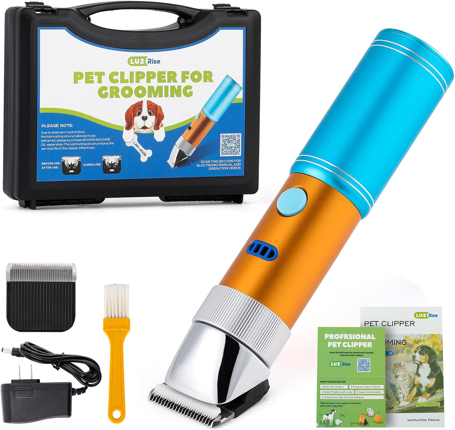 Pet Grooming Clippers 200W LuzRise (118'' Power Cord Plug-in, Stepless Speed Control, Low Noise< 50db, Heavy-Duty Commercial Grade, with Extra Blade & 2 Guide Combs of 4 Sizes, for Dog, Cat and More)