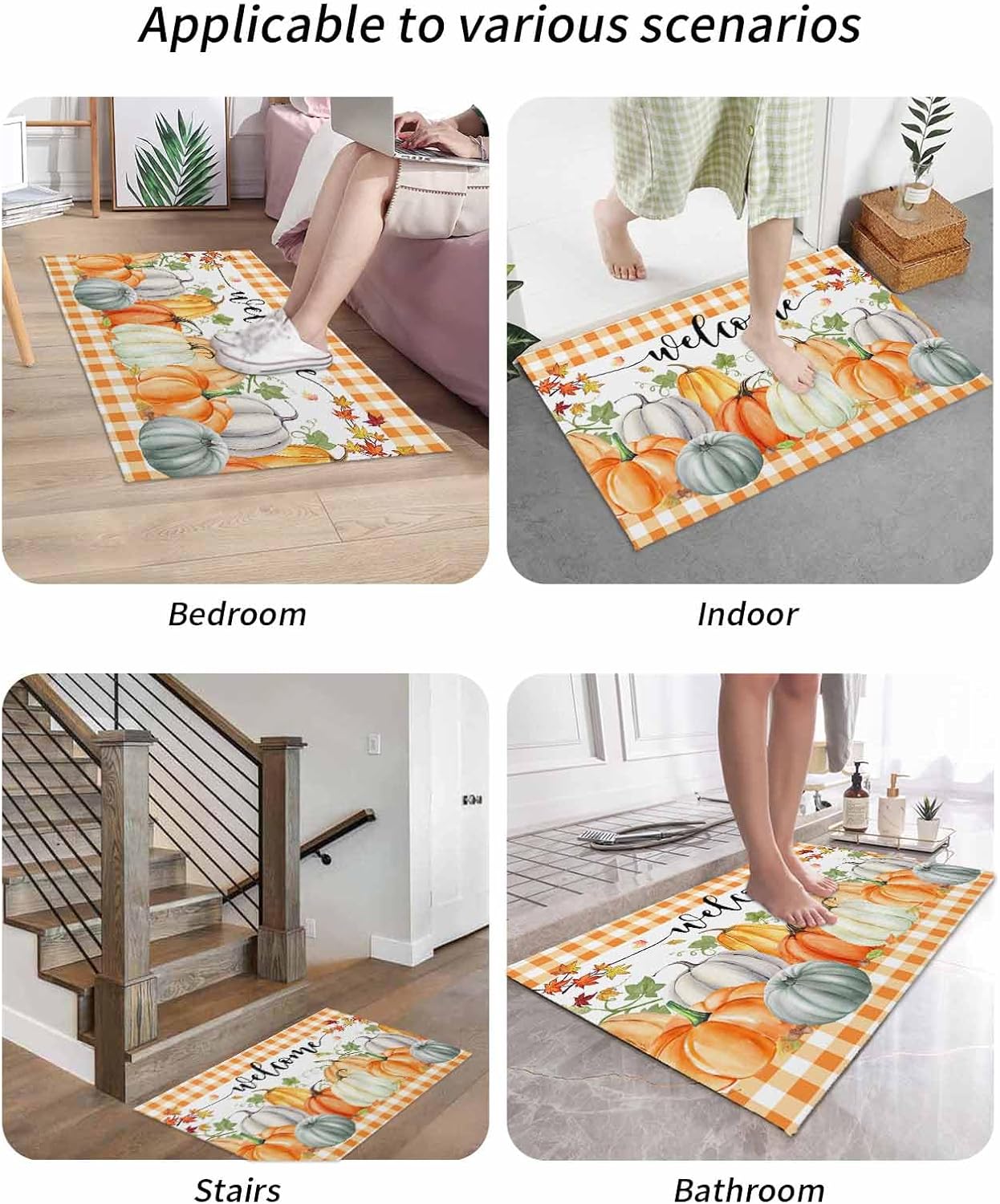 Thanksgiving Front Door Mat Outside Entrance, Harvest Pumpkin Maple Leaf Outdoor Indoor Door Mats for Entryway, Low Profile White and Orange Buffalo Plaid Funny Welcome Mat Entry Doormats 24x36 in