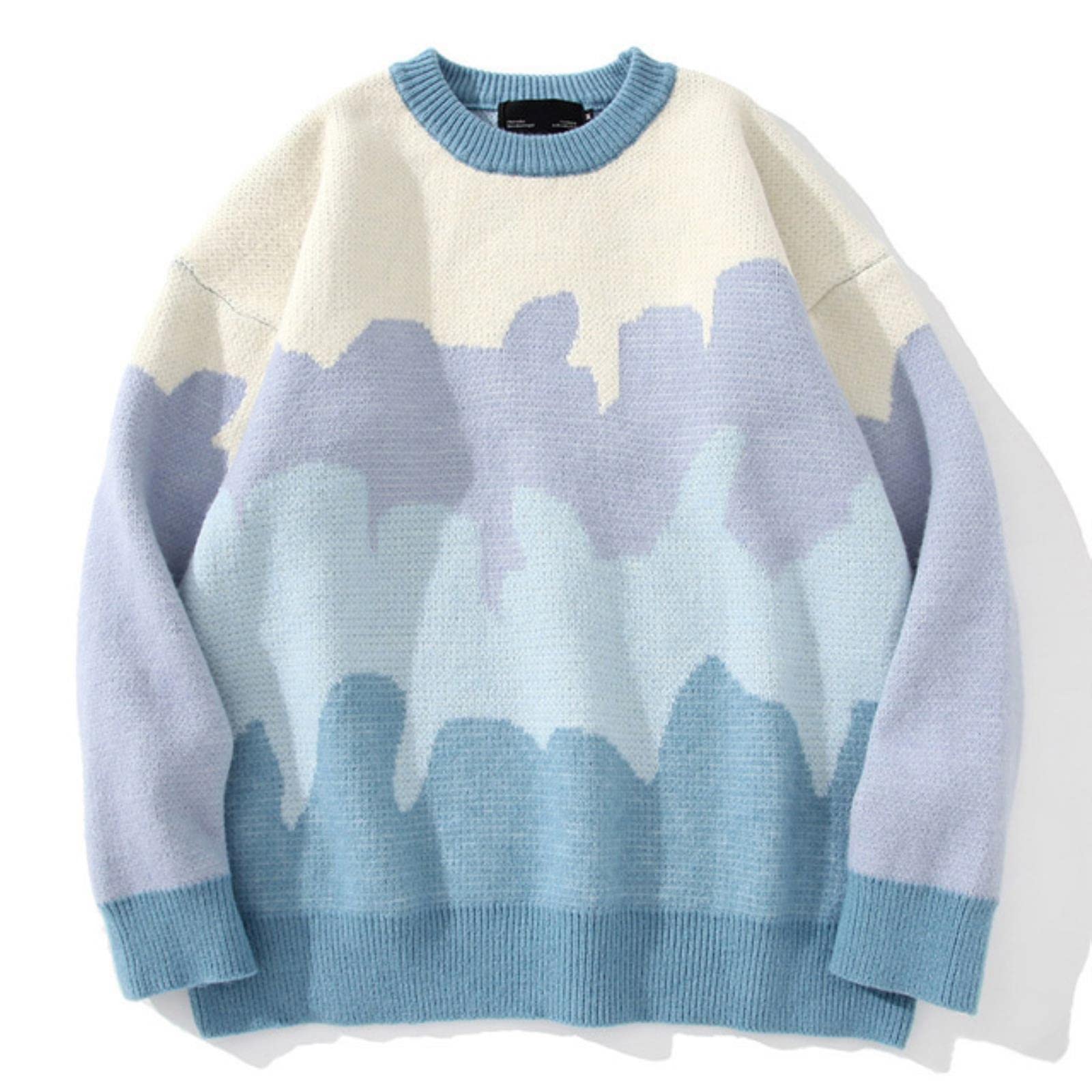 Choux Sky Blue Vintage Knitted Sweater Hip Hop Gradient Striped Color Tops Japanese Harajuku O-Neck Loose Pullover Couple Sweaters Autumn-,S