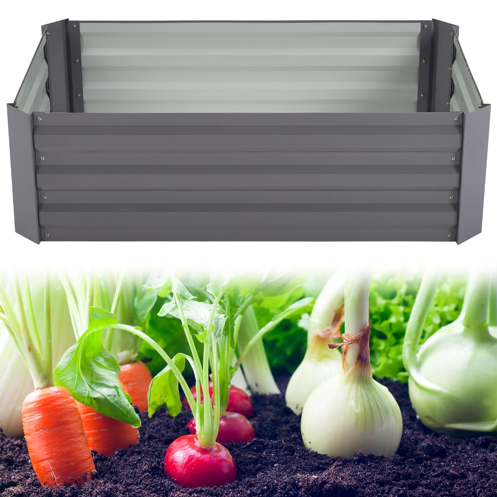 DKIEI Raised Beds Garden Raised Planters, 100x60x30cm Galvanised Steel Powder Coated Metal Raised Garden Kit for Plants Vegetables Flowers & Herbs Growing, Bottomless Planter Grey