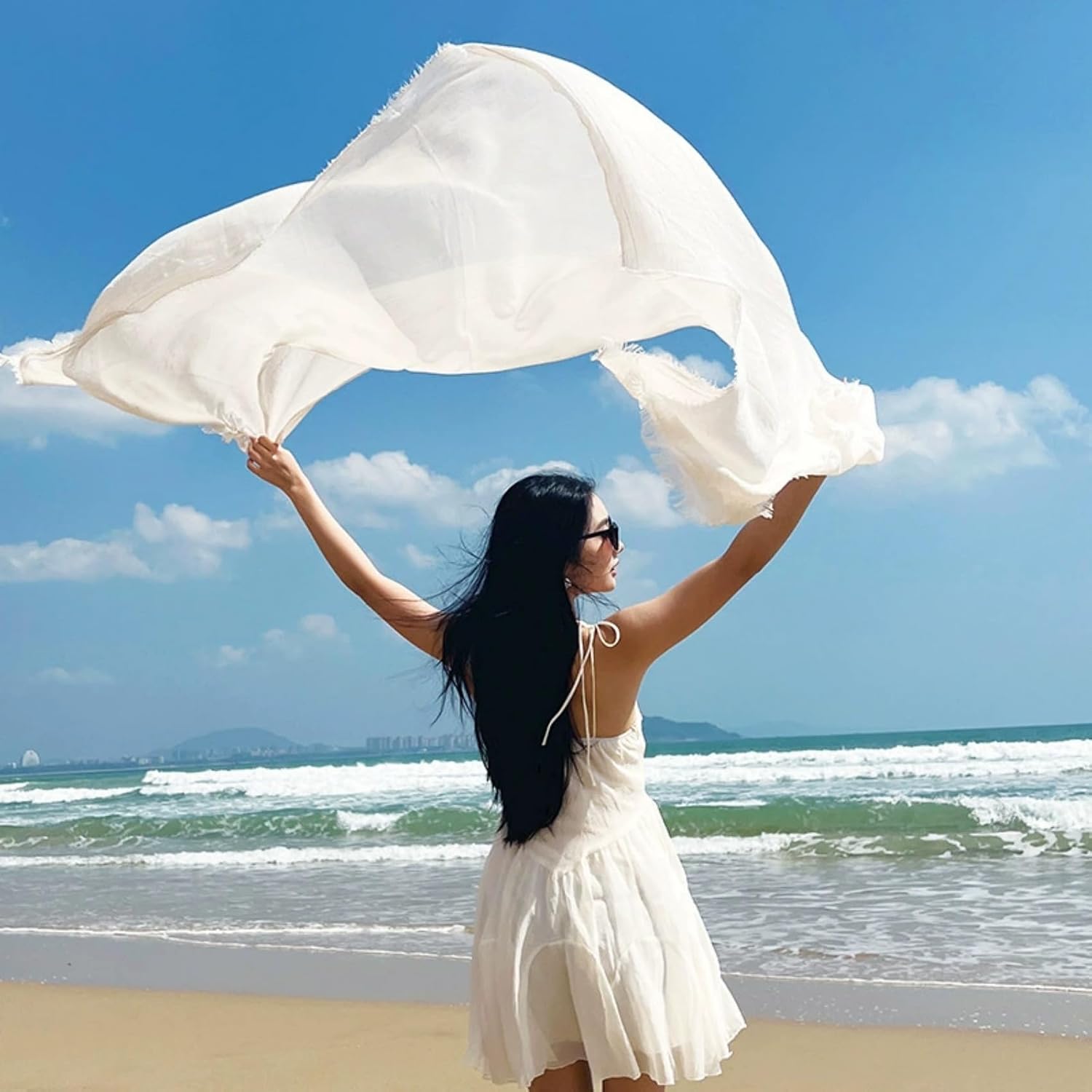 CaptainCrafts Lightweight Cotton Linen Scarf for Women, Solid Color Long Silk Shawl Wrap Sun Protection Travel Work Accessory