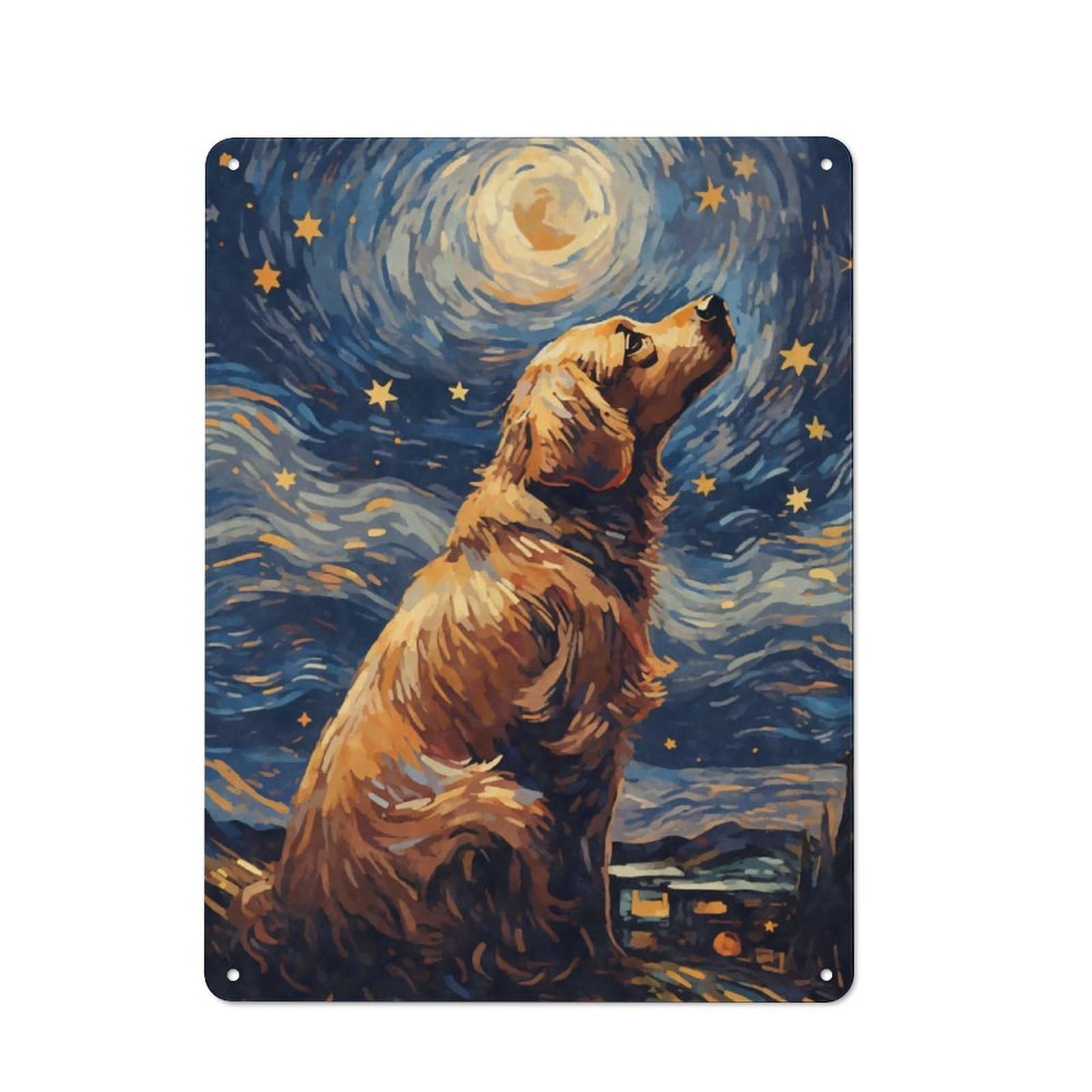 Junmoney Golden Retriever Night Rustic Tin Sign 40X30cm Featuring For Living Room Wall, For Metal Sign Collectors, For Garage And Workshop Walls
