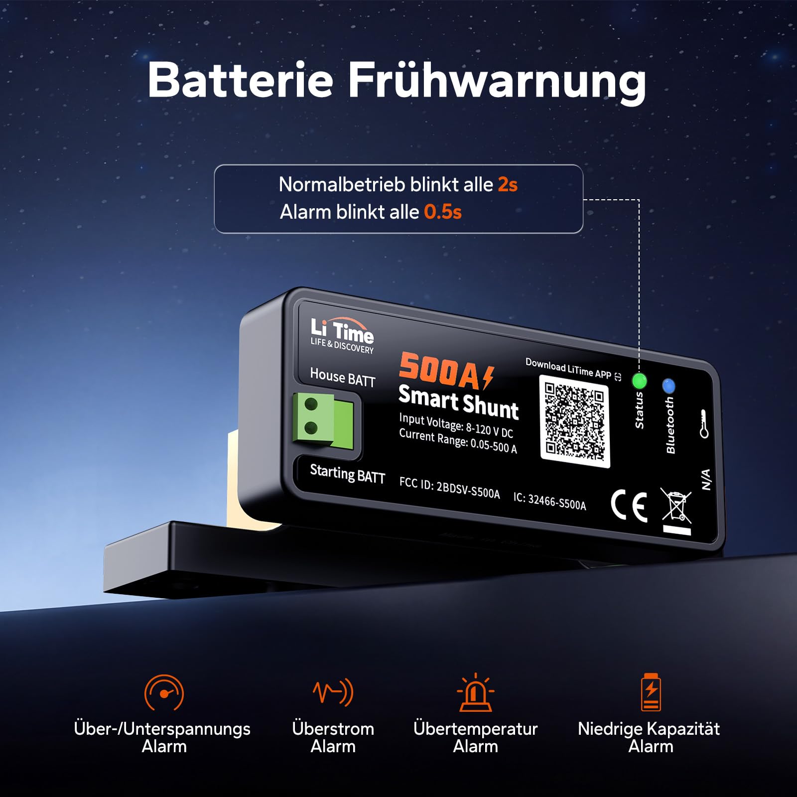 LiTime Smart Shunt 500A, Bluetooth Batteriemonitor 8V–120V mit SOC, Alarmen und Historischen Daten für Lithium-, LiFePO4-, AGM- und GEL-Batterien, für Wohnmobil, Boot und Heimspeicher
