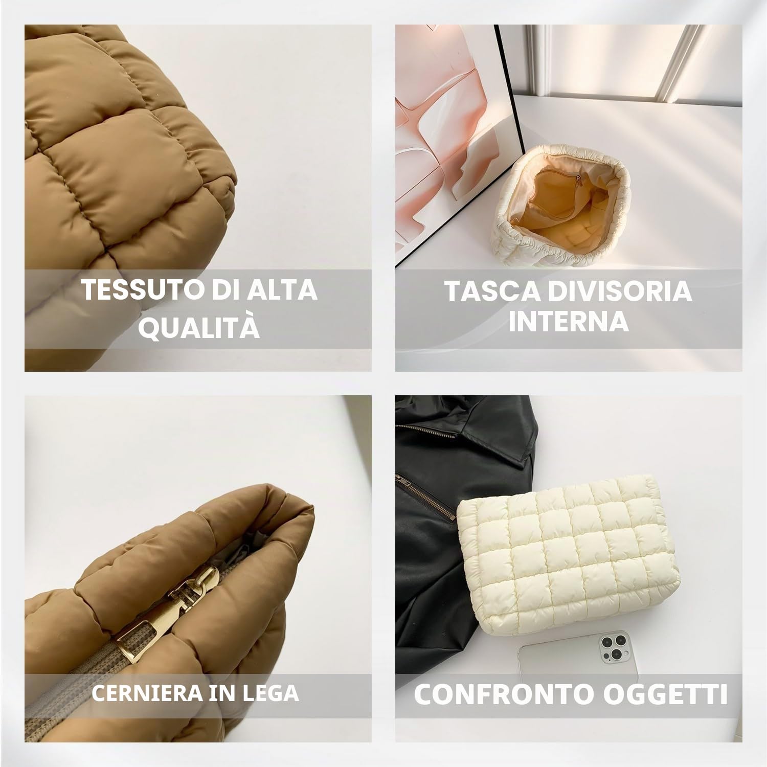Borsa per trucchi trapuntata Puffy, borsa per cosmetici, organizer da viaggio per articoli da toeletta, pochette da donna