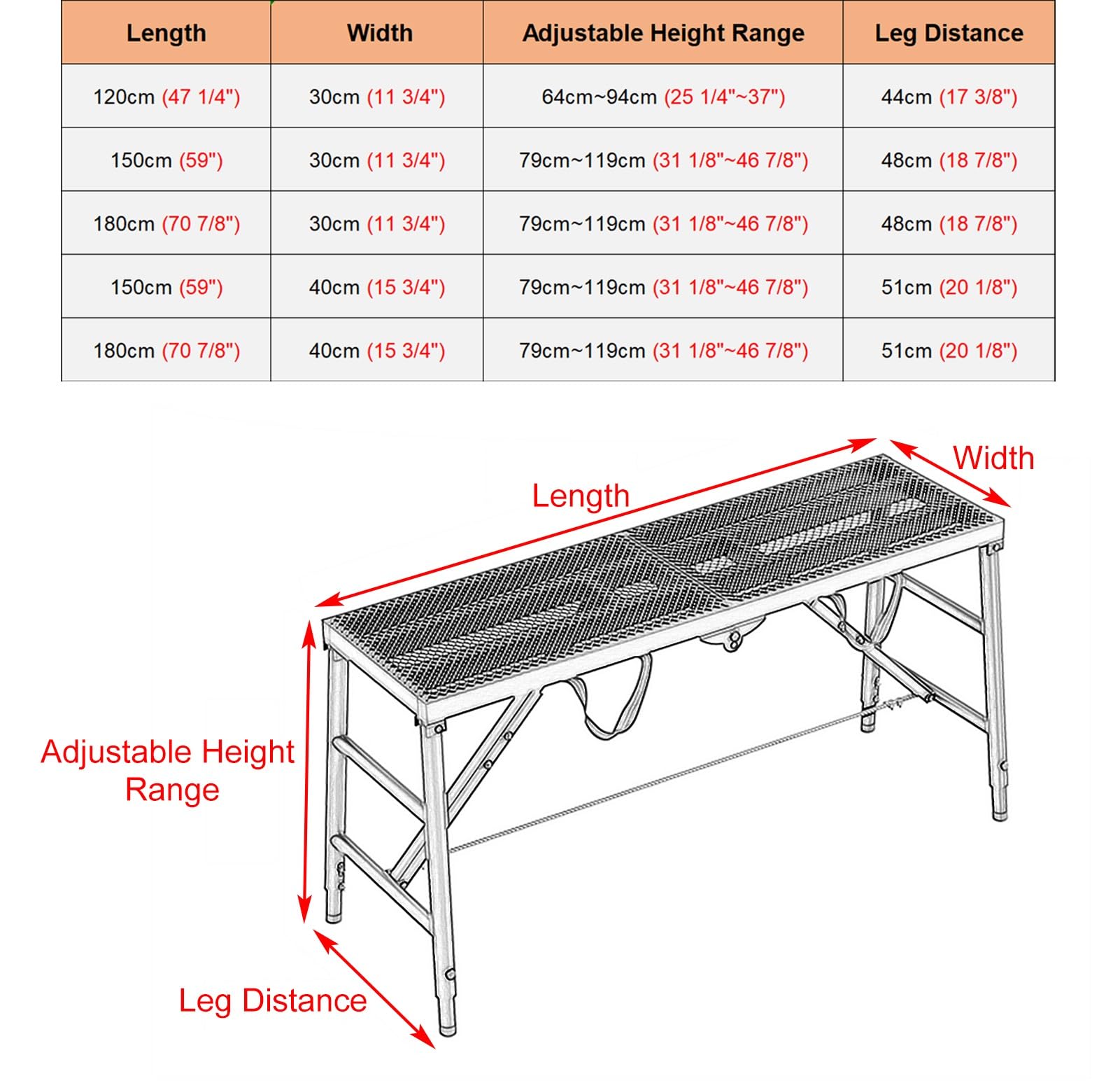 Andamio Plegable de Altura Ajustable para decoración del hogar, 150 cm x 30 cm de Ancho con pasadores, 120 cm, 140 cm y 180 cm de Largo, Amarillo.