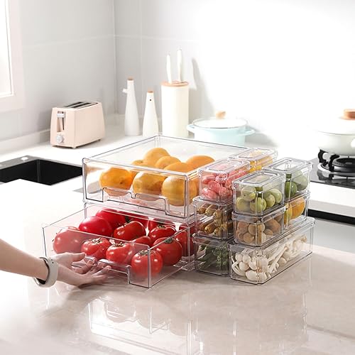 Miniatura 7 de YINGRACE Paquete de 10 cubos organizadores de refrigerador, organizadores apilables para refrigerador y almacenamiento, con un cajón grande