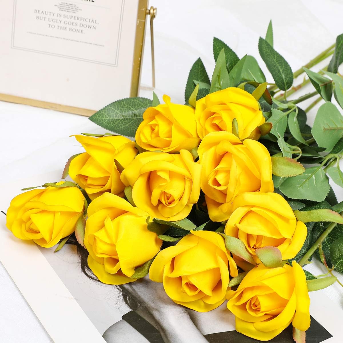 Veryhome 10 Pcs Artificial Roses Silk Flowers Fake Single Stem Blooming Rose Bridal Bouqets For Wedding Home Birthday Party Arrangment Garden Decoration (Yellow - Image 3
