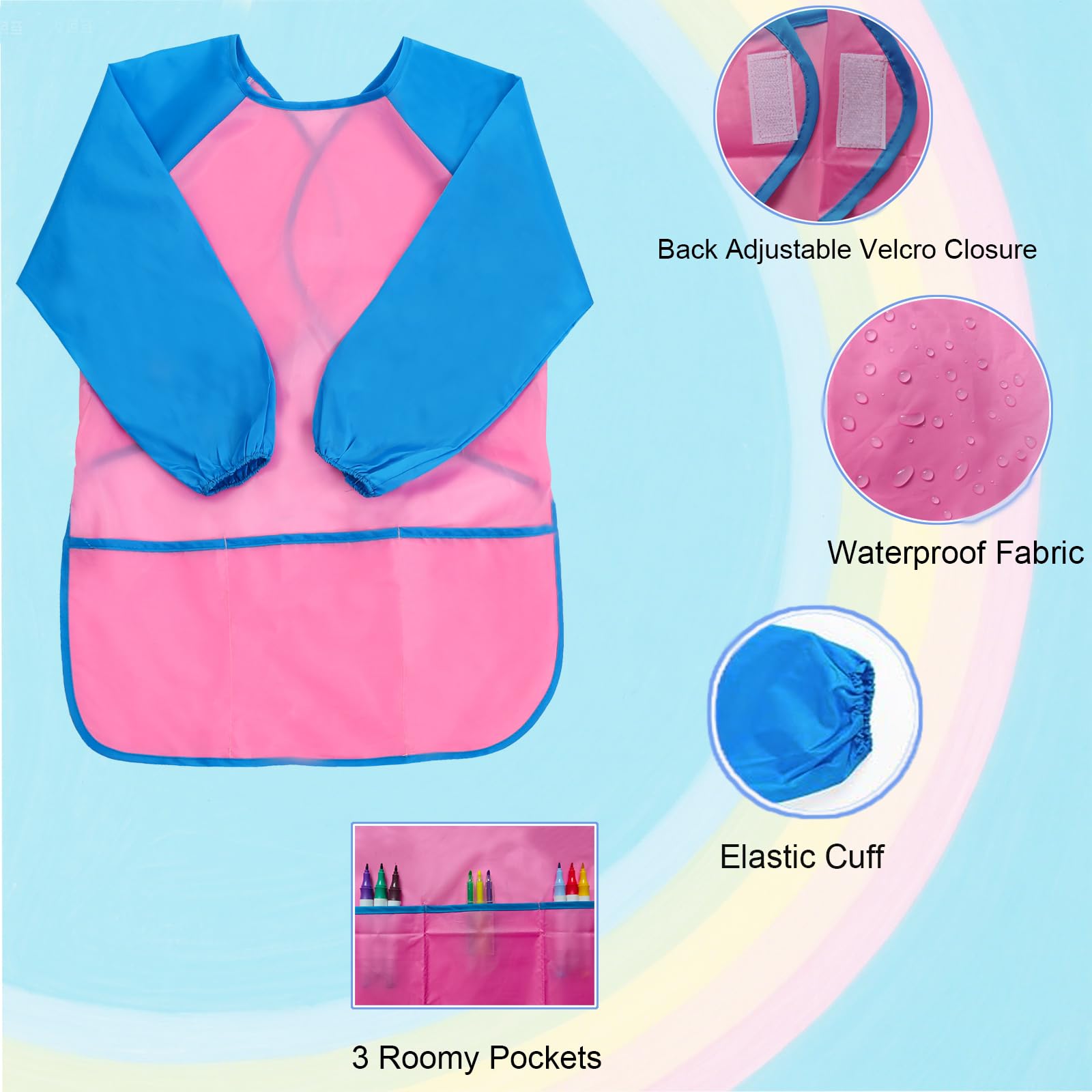 XIEJINJIA 12 Pack Kids Art Smock with Long Sleeve 3 Roomy Pockets Artist Children Play Aprons for Age 3-8 Painting Craft - Image 2