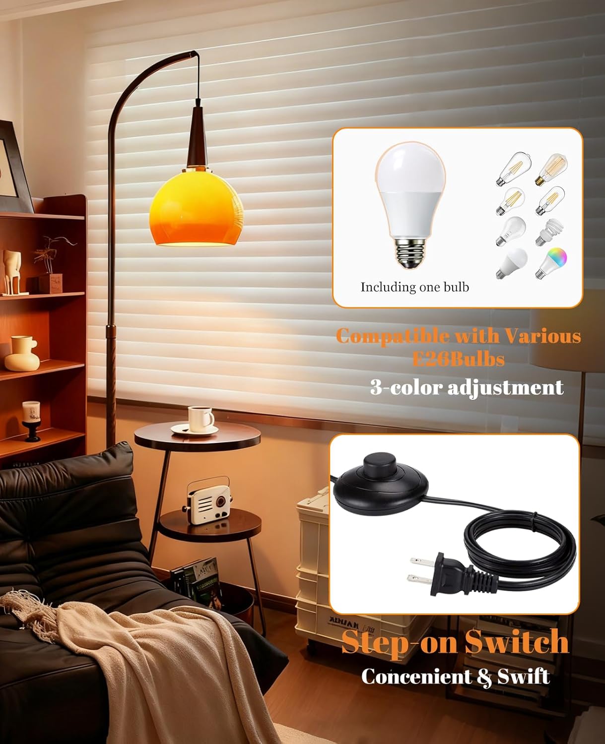 Floor Lamp with Shelves, Orange Floor Lamp with Table Attached and Storage Basket, 3 Color Light & 67" Adjustable Height MCM Mushroom Floor Lamps for Living Room Bedroom Corner or Office