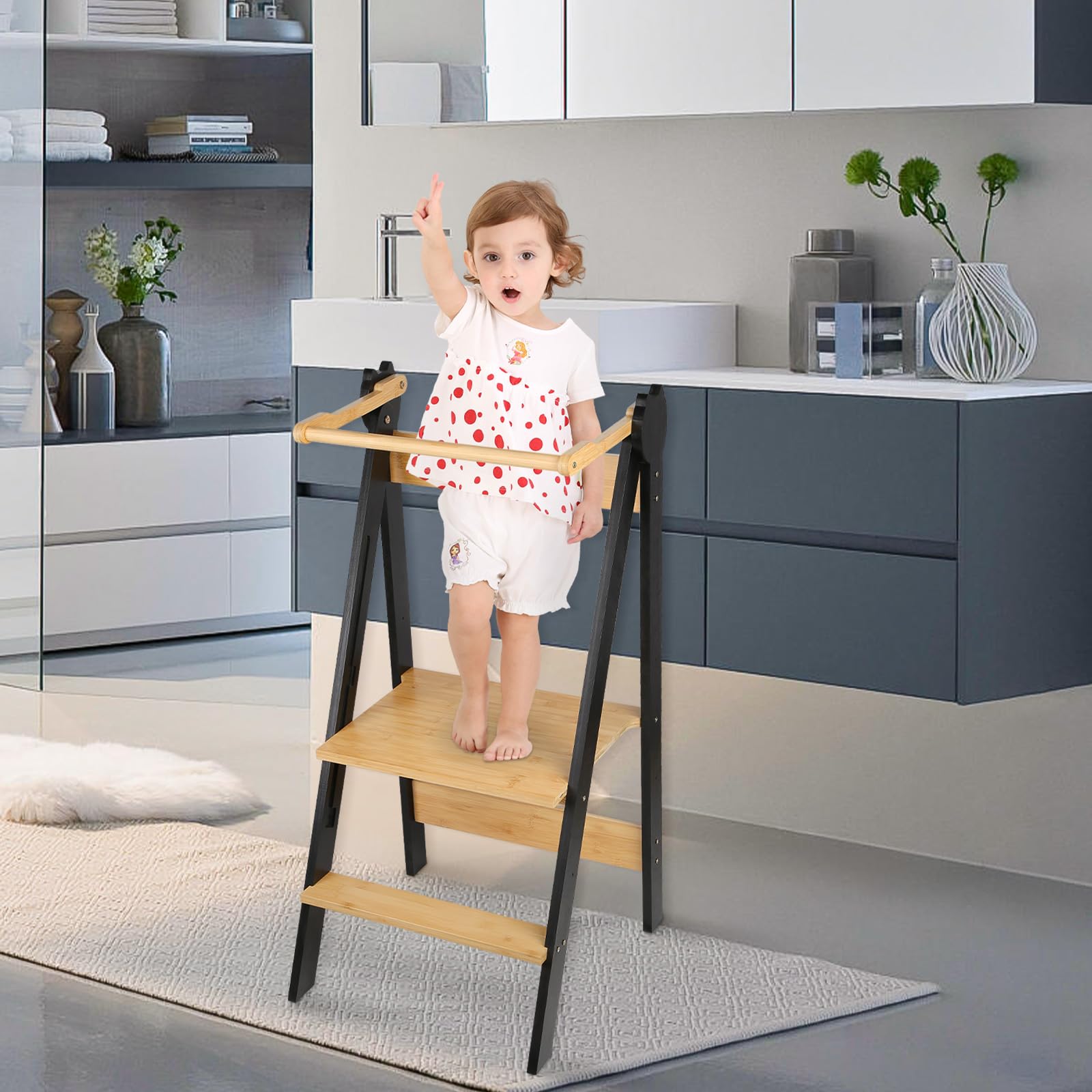 Fold Legno Torre Montessoriana di Apprendimento Pieghevole Multiuso Learning Tower in Legno Naturale di Betulla con 3 Altezze Regolabili,per Bancone Cucina Lavandino Bagno