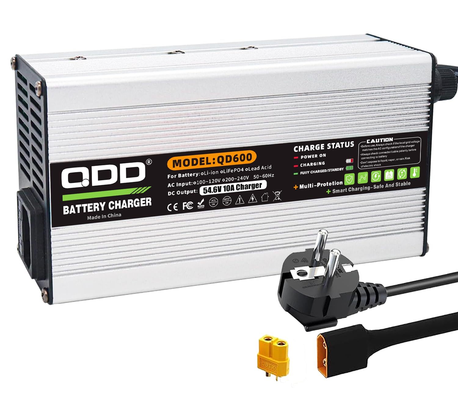 QDD Ładowarka 54,6 V 10 A, inteligentna ładowarka do akumulatorów litowo-jonowych 13S 48 V, srebrna obudowa aluminiowa, bezpieczna i trwała, z wtyczką XT60