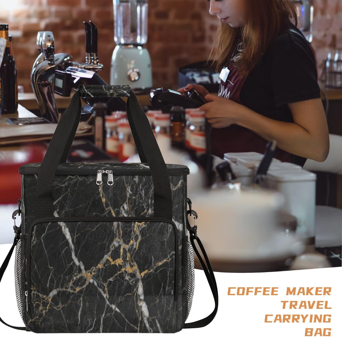 Black Gold Marble Portable Coffee Maker Carrying Bag Compatible with Keurig K-Mini or K-Mini Plus - Travel Storage Tote with K-Cup Pod Pockets for Single Serve Coffee Brewer