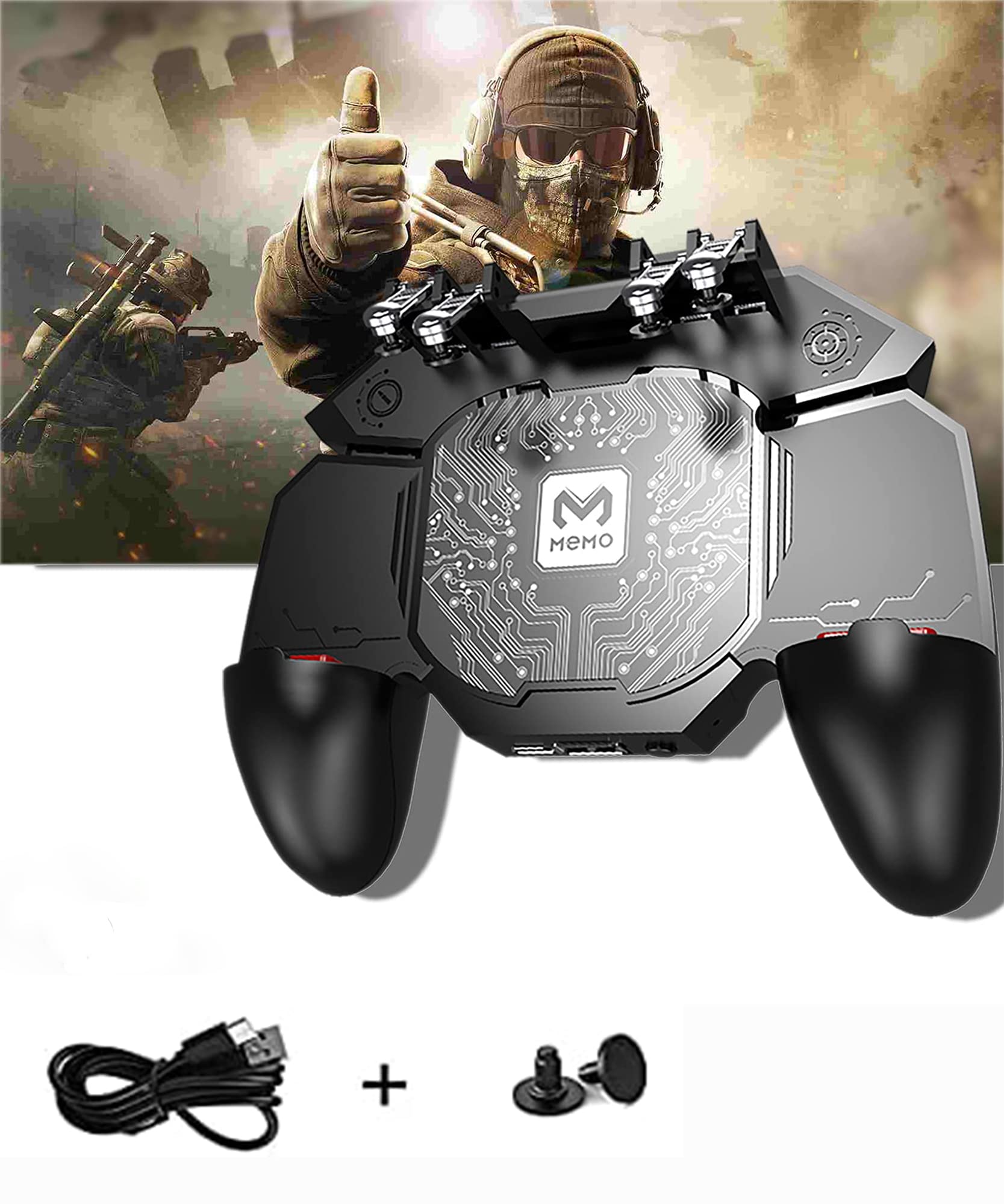 MEMO Tablet Mobile Game Controller - Auto High Frequency Click 6 Fingers Radiating Gamepad Fan Cooler - Joystick Trigger for PUBG Android IOS Mobile Tablet Game