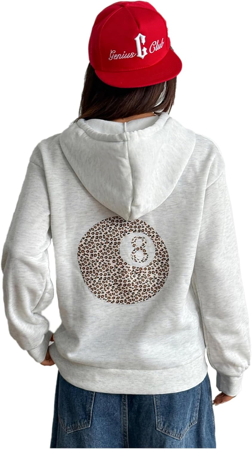 Women's Leopard Letter Graphic Hoodie Long Sleeve Hooded Sweatshirts Thermal Pullovers Tops