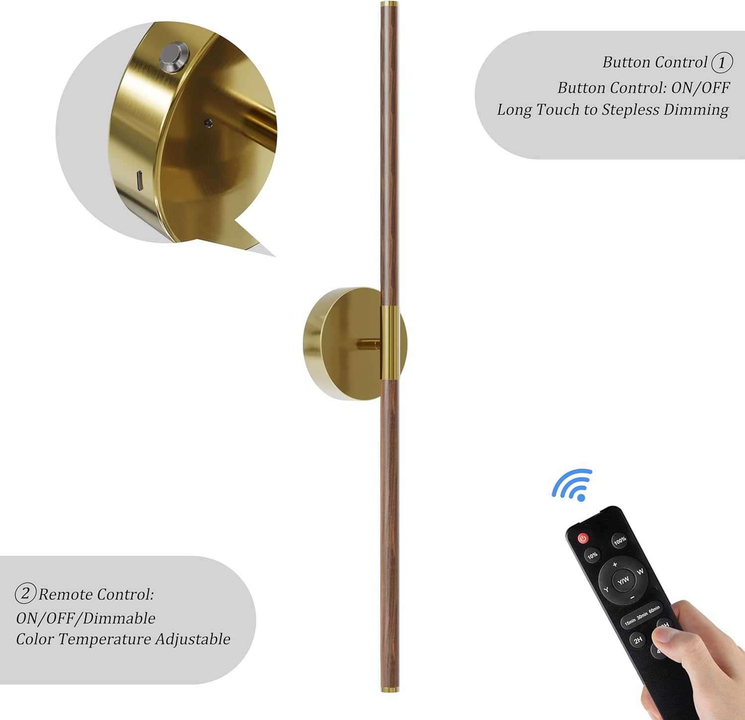 24 Inch Battery Operated Wall Sconce Set of 2-8000mAh, Rechargeable, Dimmable, 3000K-6000K, Remote, Touch Control, Timer, 350° Rotate, LED Wall Lamps for Living Room, Bedroom, Walnut Gold