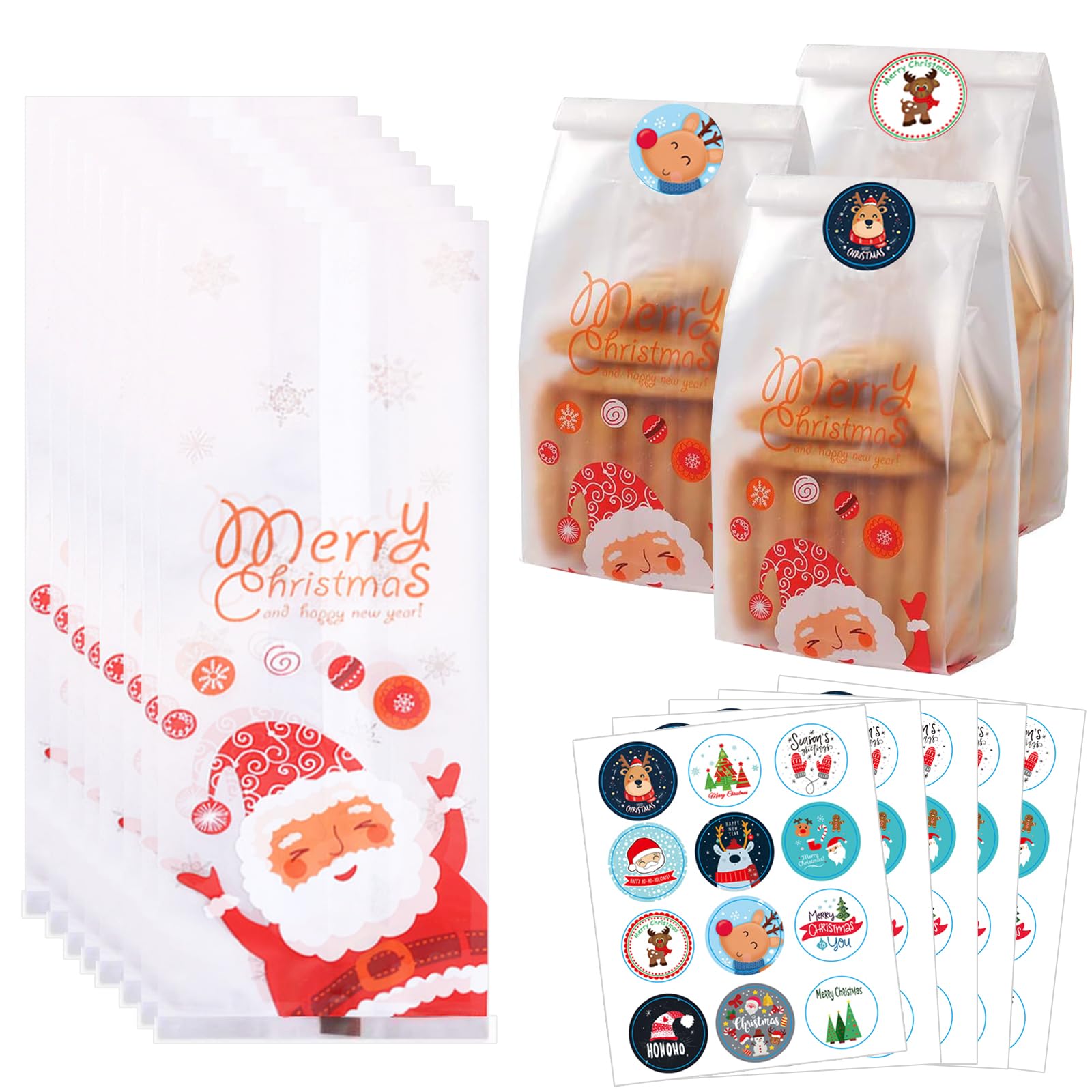 Christmas Cellophane Bags, 50 Pcs Christmas Candy Bags with Christmas Stickers, Christmas Cookie Bags Santa Claus Cellophane Treat Bags for Party Gift Supplies,Xmas Birthday Party Favour