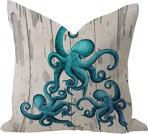 Funda de almohada suave de 16 x 16 pulgadas, diseño náutico de playa, océano, pulpo, decoración de conchas, estrellas de mar, decoración de granja