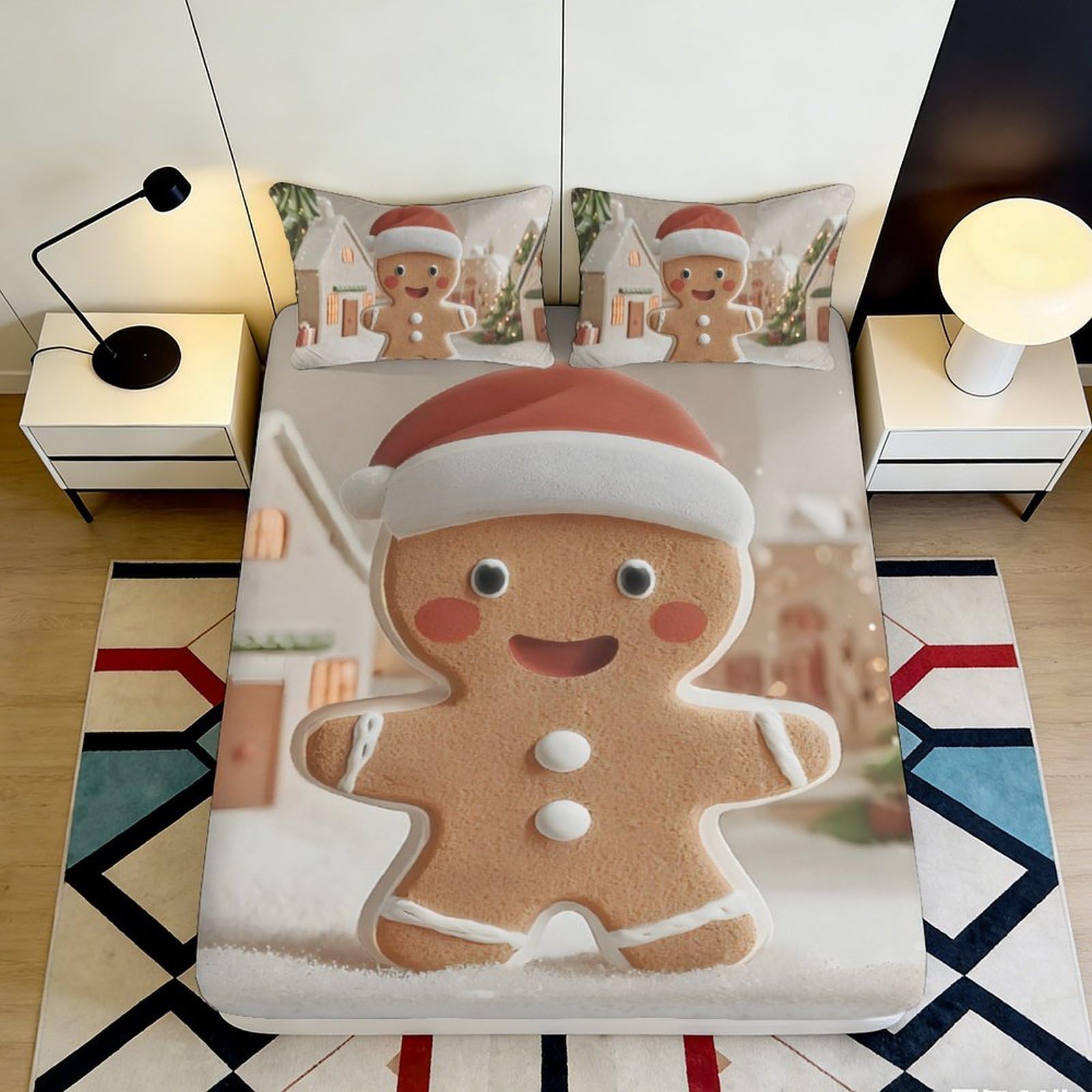 3D Printed Christmas Gingerbread Fitted Sheet Microfiber Soft Breathable Holiday Bed Cover with Mattress Protection for Bedroom Dormitory Guest Room 160x200x25cm