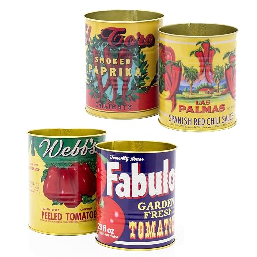 Carousel Home Set of 4 Decorative Replica Food Tin Cans | 4 Piece Mediterranean Retro Metal Storage Tin Set | Vintage Style Metal Food Display Cans