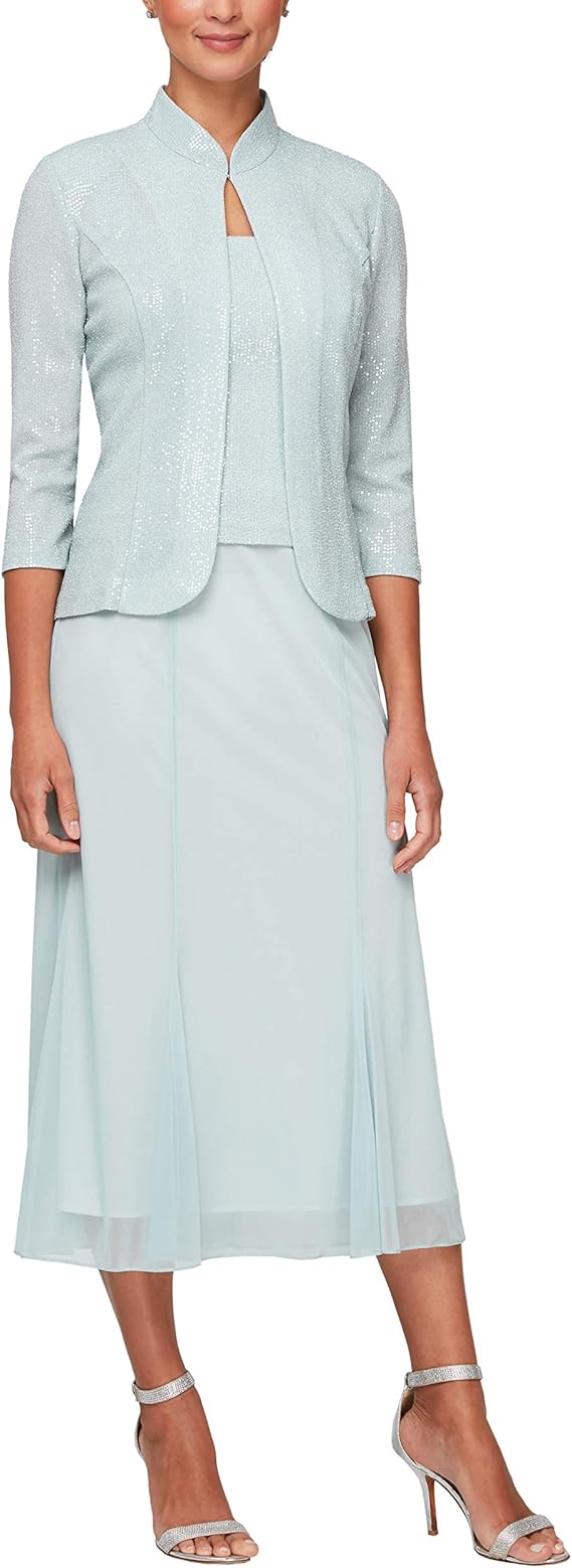 Alex Evenings Women's Tea Length Mock Dress with Sequin Jacket (Petite and Regular Sizes)