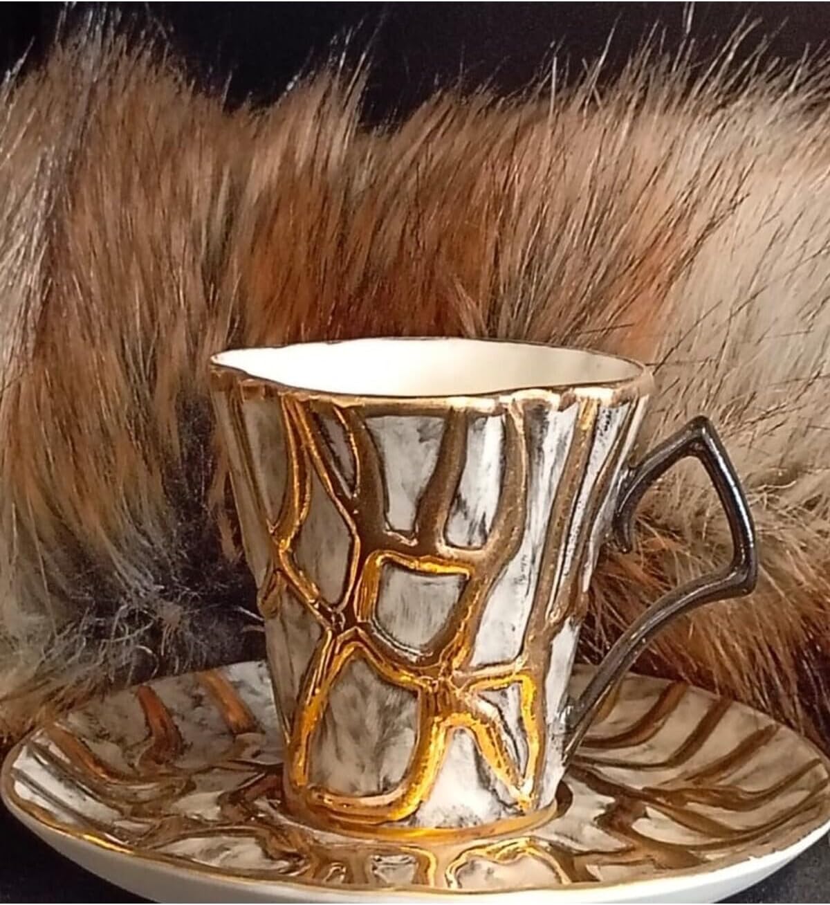 SODEF Coffee Cup Set Porcelain Hand Decorated 2-Piece 85ml Modern Design for Home, Office, Parties - Yellow Accents - Multicolor, One Size