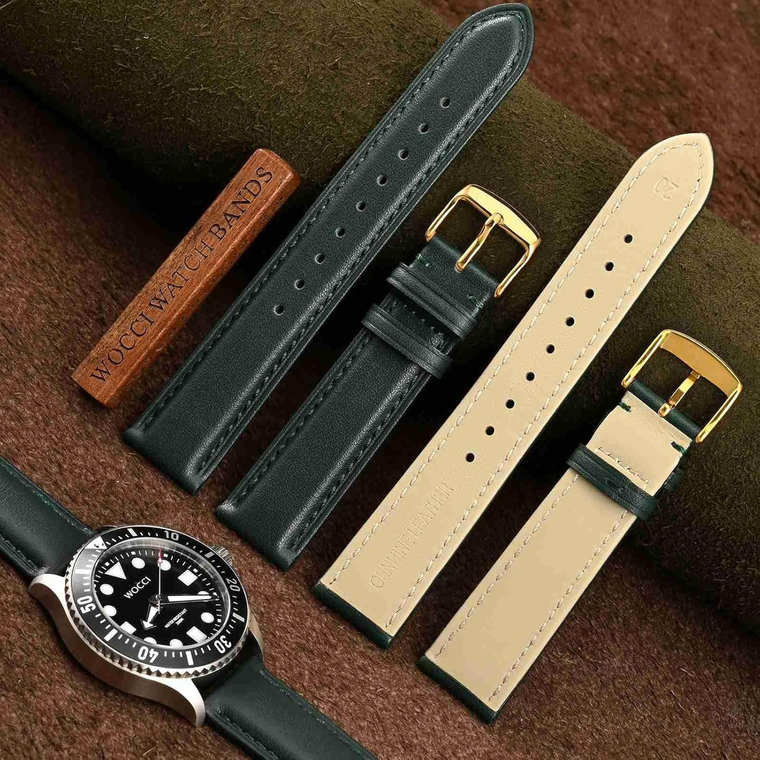 WOCCI 20mm Vintage Leather Watch Band for Men and Women, Gold Buckle (Green) - Image 3