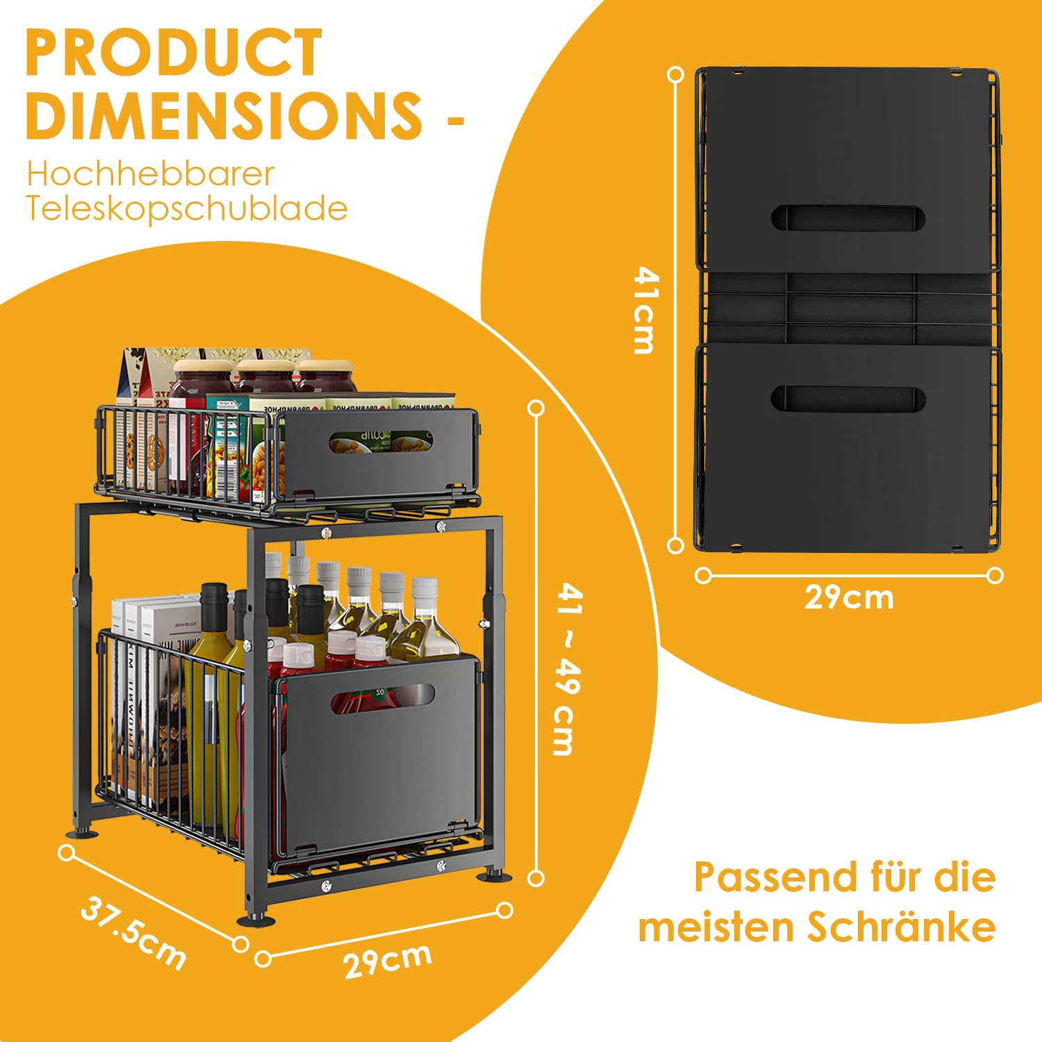 Schrank Organizer Küche Ausziehbar, Unterschrank Organizer mit Schublade | 1PCS, Höhenverstellbare 41–49 cm, Metall Küchen Organizer für Spülenunterschrank und Küchenschrank, Ohne Bohren