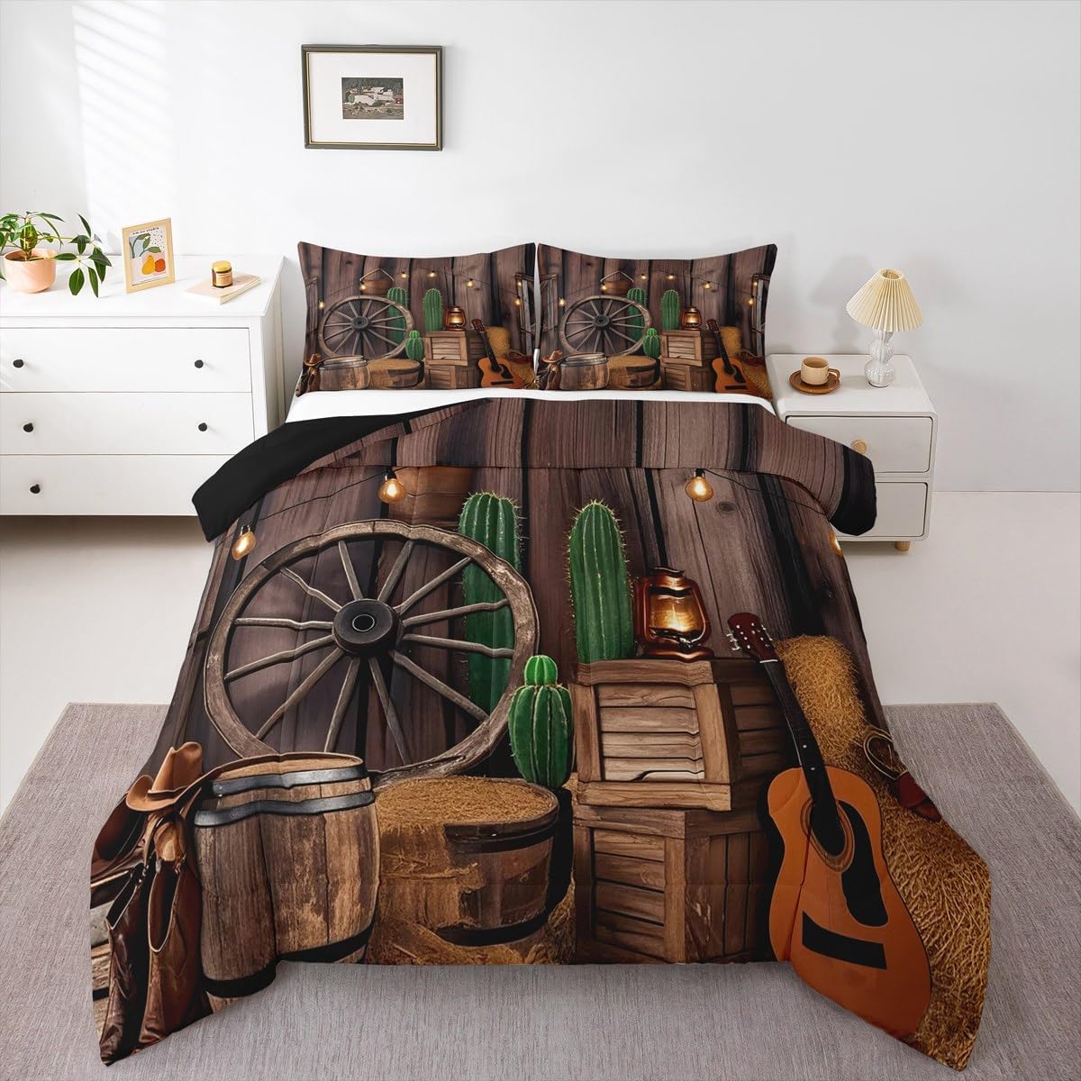 jejeloiu Western Comforter Set Queen Size Wild West Cowboy Bedding Set for Kids Boys Girls Rodeo Cowboy Style Duvet Quilt Rustic Farmhouse Bedroom Decor Brown Green 3 Pcs with 2 Pillow Cases