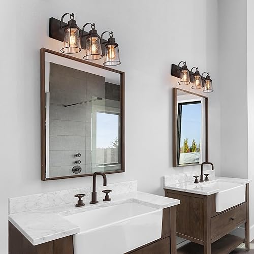 Miniatura 5 de LALUZ Lámpara de baño oxidada de granja, luces de tocador de 3 luces con pantalla de vidrio sembrado sobre espejo