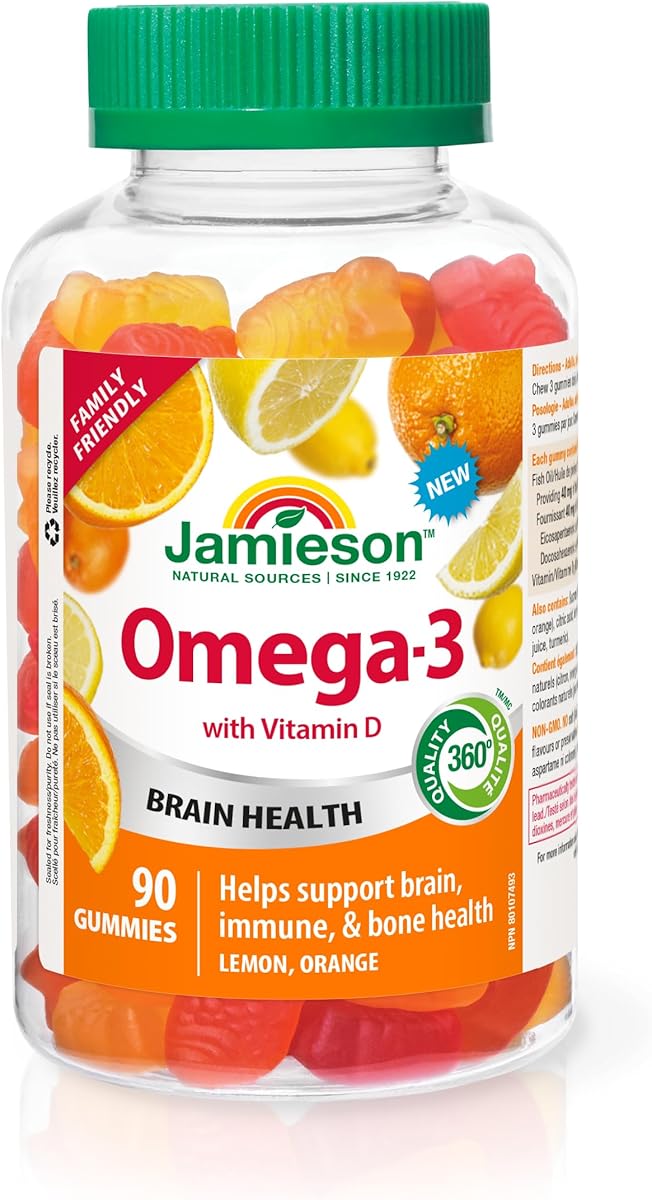 Jamieson Laboratories Jamieson Omega-3 Gummies with Vitamin D3, Orange and Lemon Flavours, Family Friendly (3+). Supports Brain Health and Immune Health, Gluten-Free, Non-GMO, No Artificial Colours, Flavours, or Preservatives 90 Count