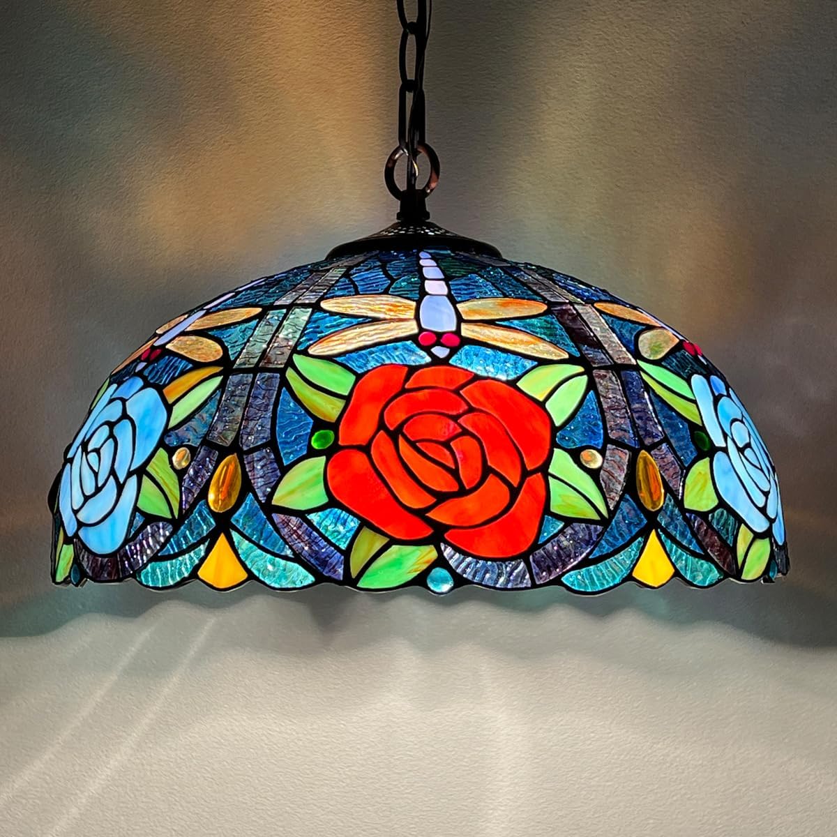 Tiffany Pendant Light Fixtures,Stained Glass Hanging Lamp,16" Large Dragonfly and Rose Ceiling Lighting for Dining Room, Kitchen Island, Bedroom and Office