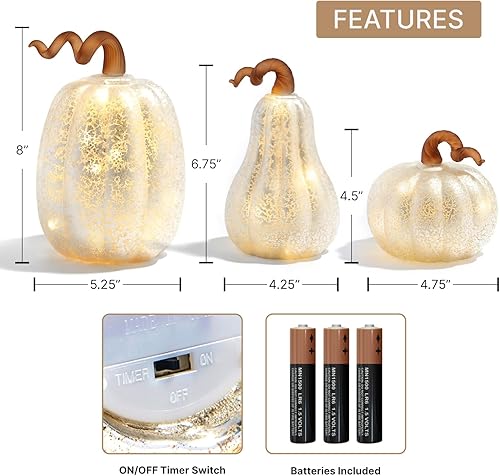 Miniatura 4 de LampLust Calabaza de cristal blanco con luces, juego de 3, estilo de cristal de mercurio, pilas incluidas, decoraciones de cosecha de Acción de