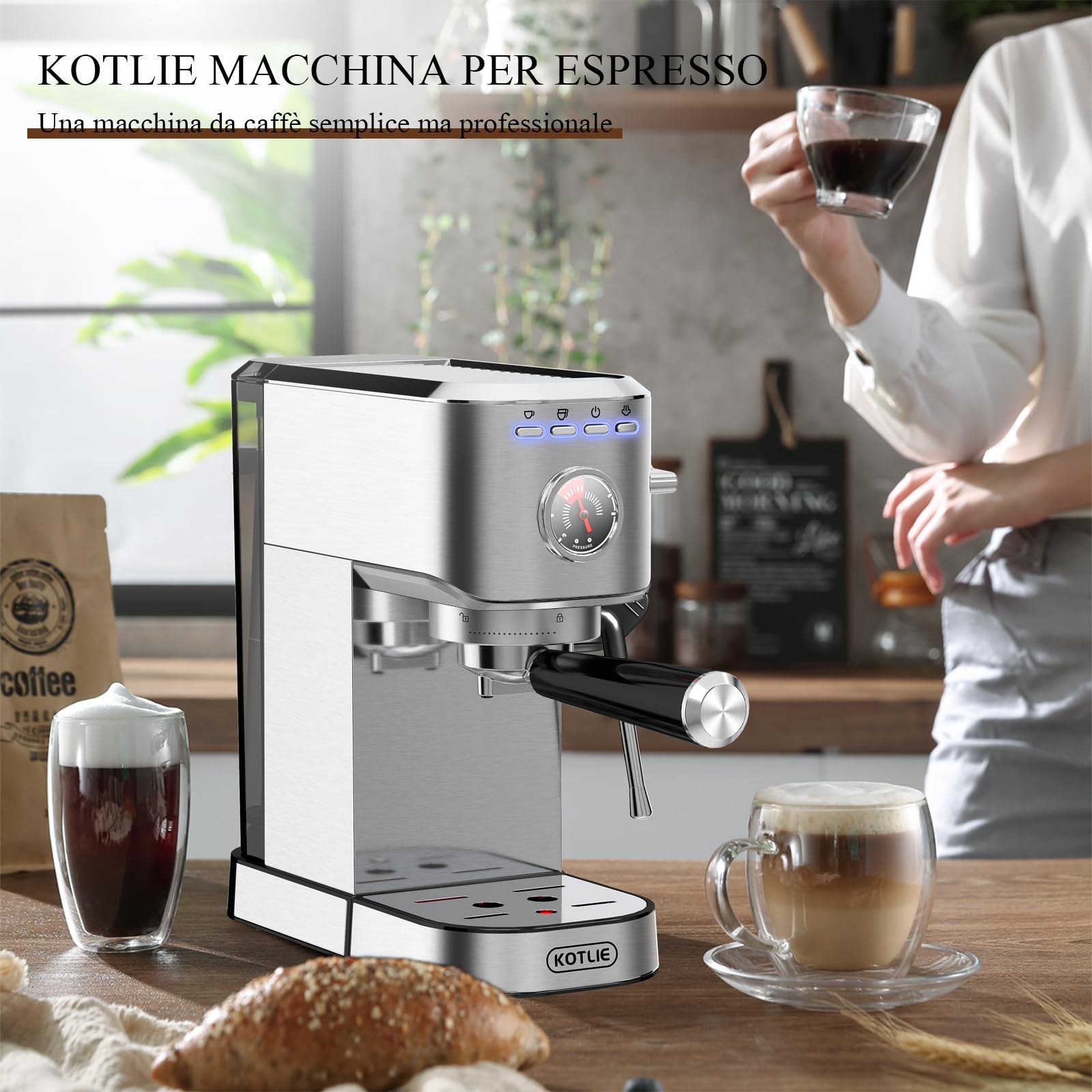 KOTLIE CM5080 Macchina per Espresso, Macchine per Cappuccino Con Montalatte e Manometro Visivo,20 Bar,1350 W,1 L Rimovibile Serbatoio