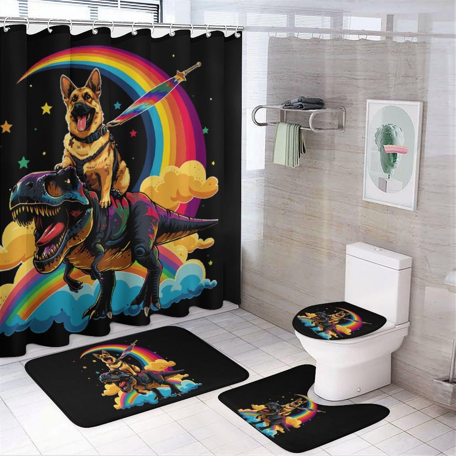 CGSBNGHA German Shepherd Riding Shower Curtain Set 4 Piece Bathroom Sets with Rugs Toilet Lid Cover And U-Shaped Floor Mat