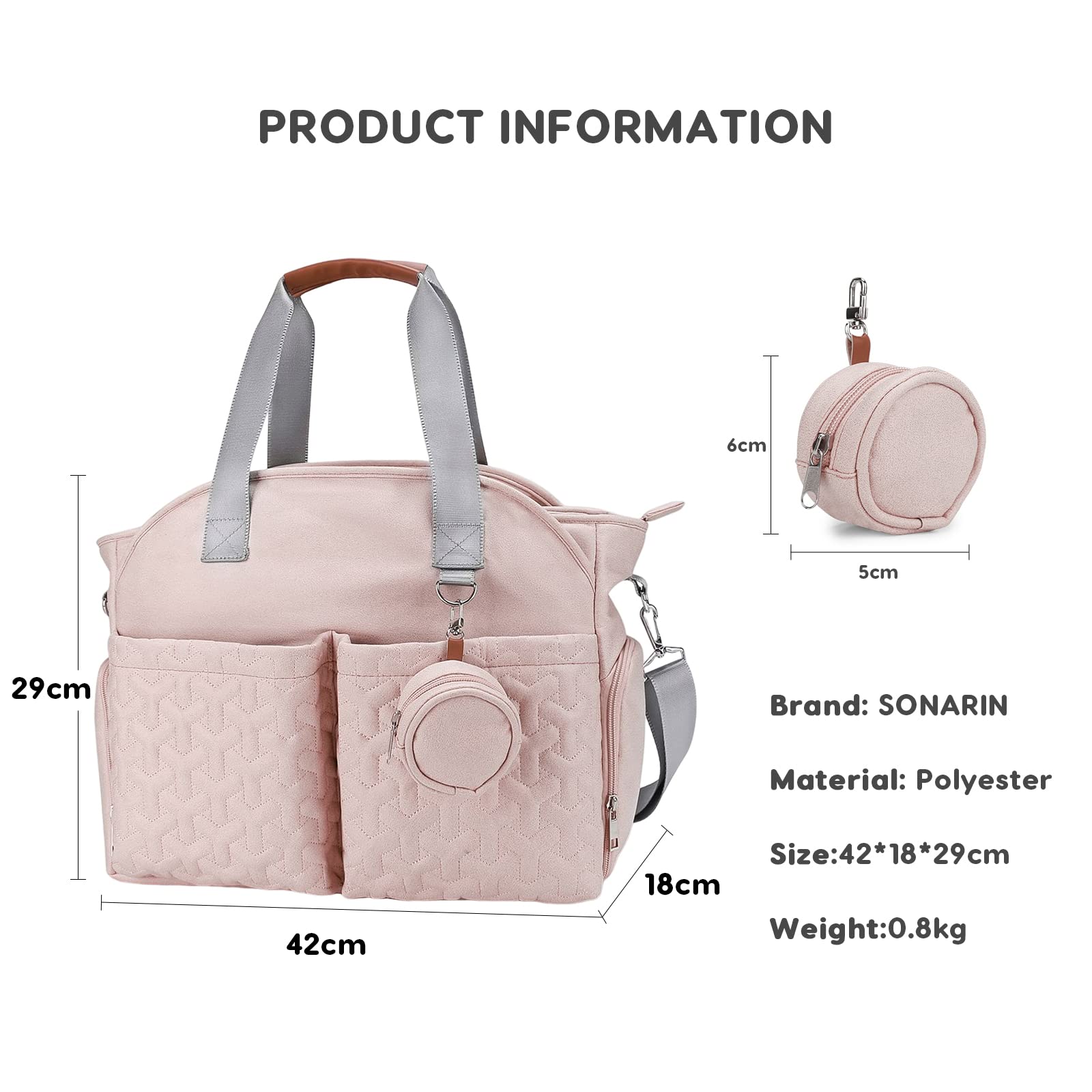 SONARIN Multifuncional Elegante Bolsa de Pañales para Bebés,Gran Capacidad Impermeable Materna Messenger Bolsos Bandolera Bolsa de Viaje para Pañales con Bolsa de Chupete(Rosa)
