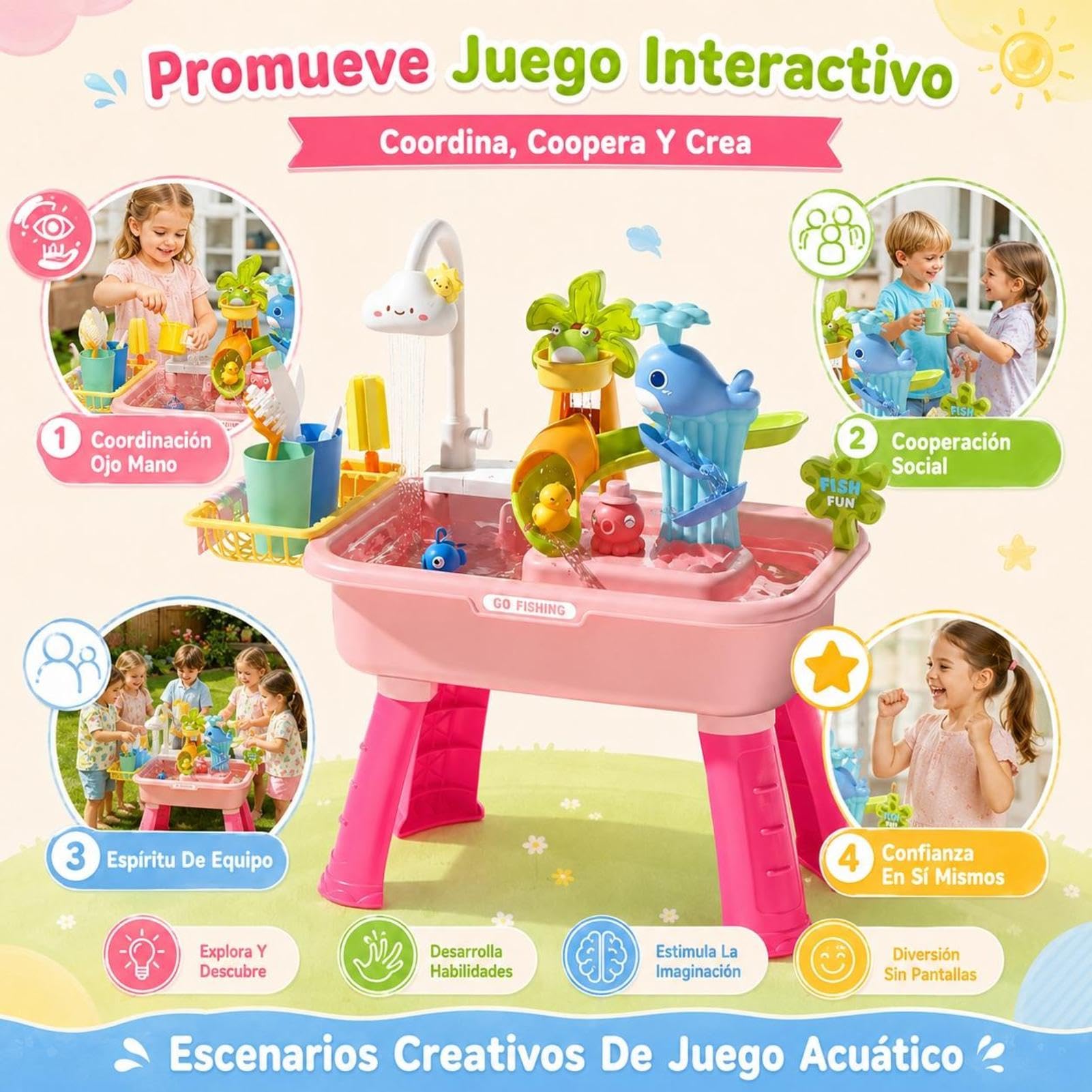 Genérico Mesa De Agua para Niños Y Niñas De 4 A 8 Años - Fregadero De Juego con Bomba | Incluye Tobogán, Pesca 43 Accesorios | Gracioso para Piscina Exterior Y Verano