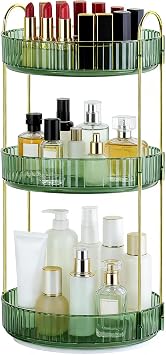 360 Rotating Makeup Organizer for Vanity, 3 Tier Perfume Skincare Organizers and Storage for Bathroom Countertop, Large Capacity Clear Spinning Counter Cosmetic Holder for Dresser, Dark Green