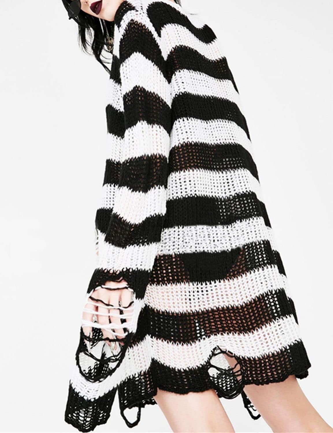 Women's See Through Hole Ripped Striped Long Knit Pullover Dress Sweaters Shirt - Image 3