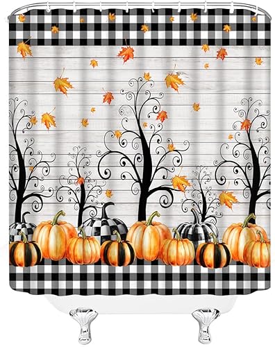 Miniatura 3 de Cortina de ducha de calabaza de otoño, hojas de arce rústicas, color negro y blanco, a cuadros, tela rústica, para el hogar, baño, juego de