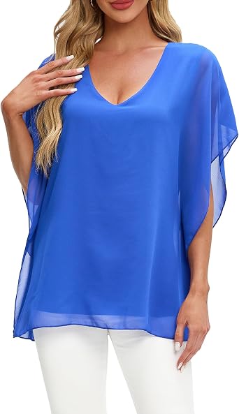 Ckikiou Summer Flowing Flounce Sleeve Chiffon Lined Blouse for Women Loose V Neck Floral Print Double Layered Shirt Top