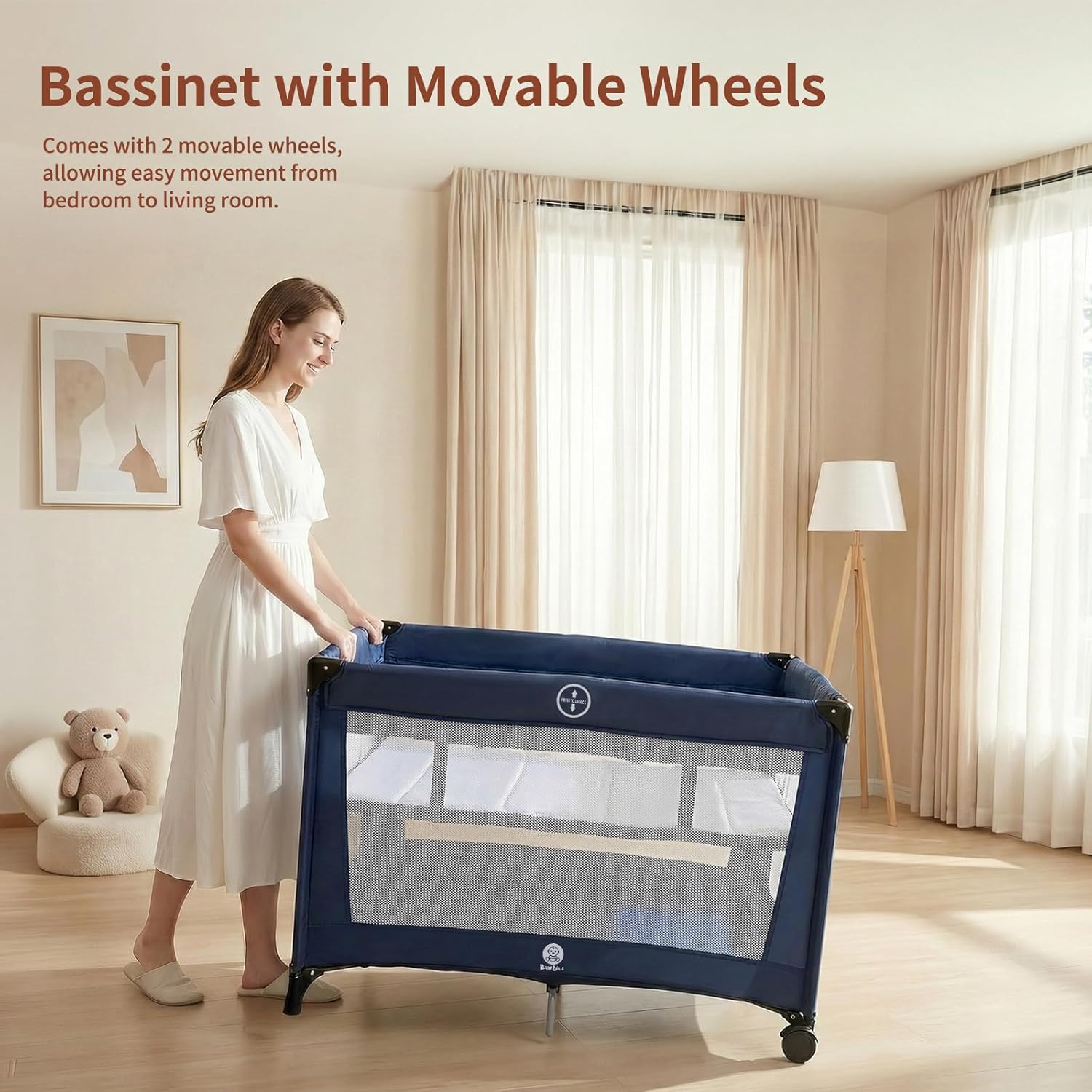 Pack and Play, Baby Bassinet with Wheels, Foldable Baby Playard for Travel, Easy Carry Bedside Bassinet, Mini Pack n Play with Comfortable Mattress & Compact Space Saving Design, Blue