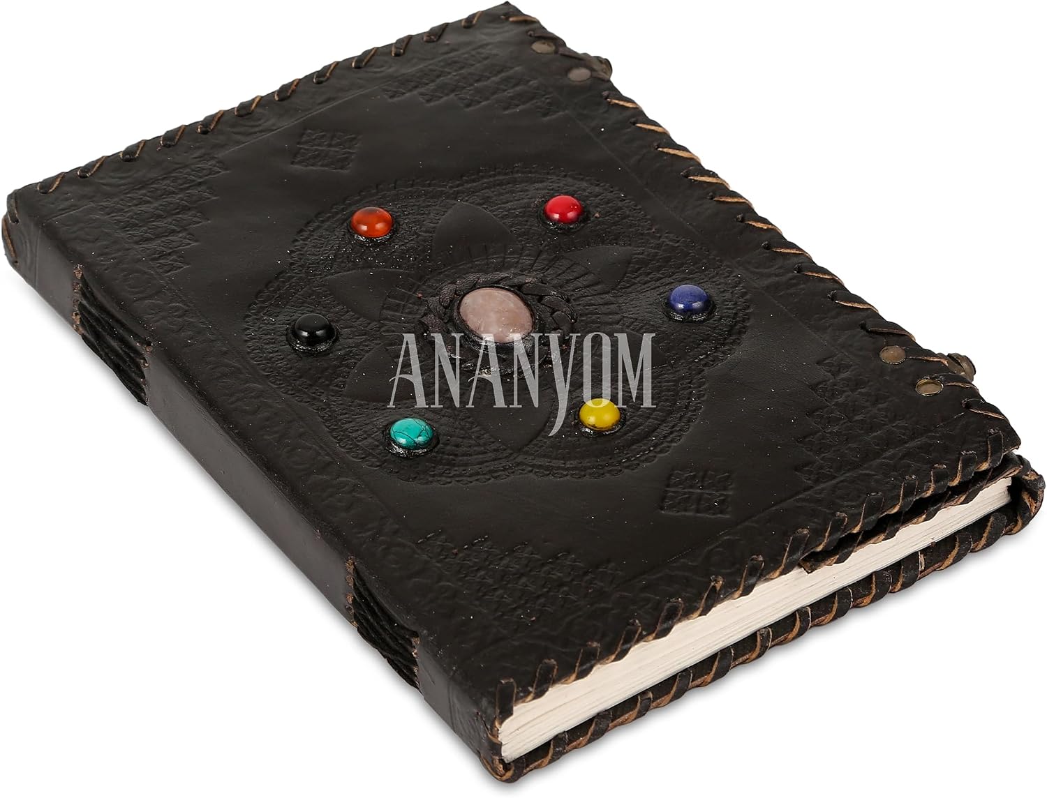 Handmade Leather Journal, Black, 7 Chakr Hand Embossed Side Stitching Design, Genuine Leather Notebook Diary Sketchbook with Two Brass Clasp Lock, Journal for Men & Women, Office Journal