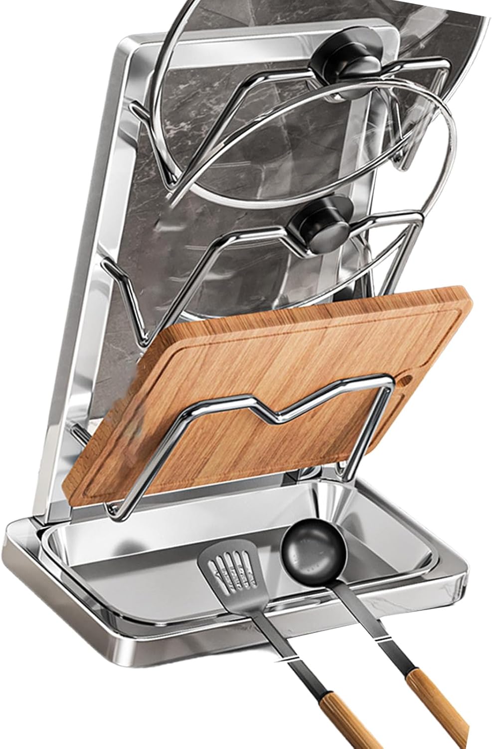 Stainless Steel Pot Lid Holder, Multifunctional Kitchen Organizer Rack for Cutting Board and Pan Covers, Space Saving Countertop Storage Stand for Small Kitchen, Rustproof Cookware Accessory