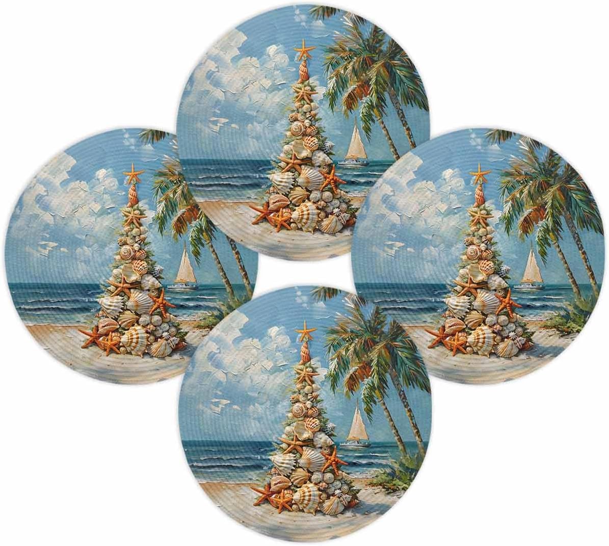 Christmas Round Placemats Set of 4 Seashell Starfish Beach Xmas Tree Place Mats Woven Placemat Palm Tree Boat Circle Braided Table Mat for Kitchen Dining Table Xmas Holiday Party Decor 15 Inch