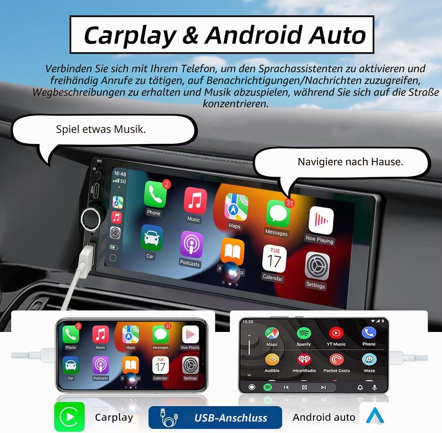Stereo 1 DIN mit Bildschirm, 6,86 Zoll Touchscreen Autoradio Carplay 1 Din, Radio Auto Car Play unterstützt Mirror Link mit Rückfahrkamera, Unterstützung Typ-C Lade/USB/Mic/EQ/SWC