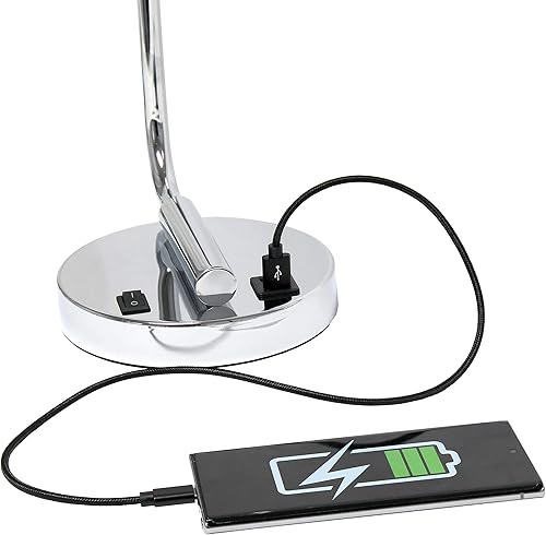 Vista 4 de Simple Designs LD1066-CHR-LB Lámpara de mesa de hierro industrial vintage Bronson con puerto USB y pantalla cilíndrica de vidrio para oficina, sala