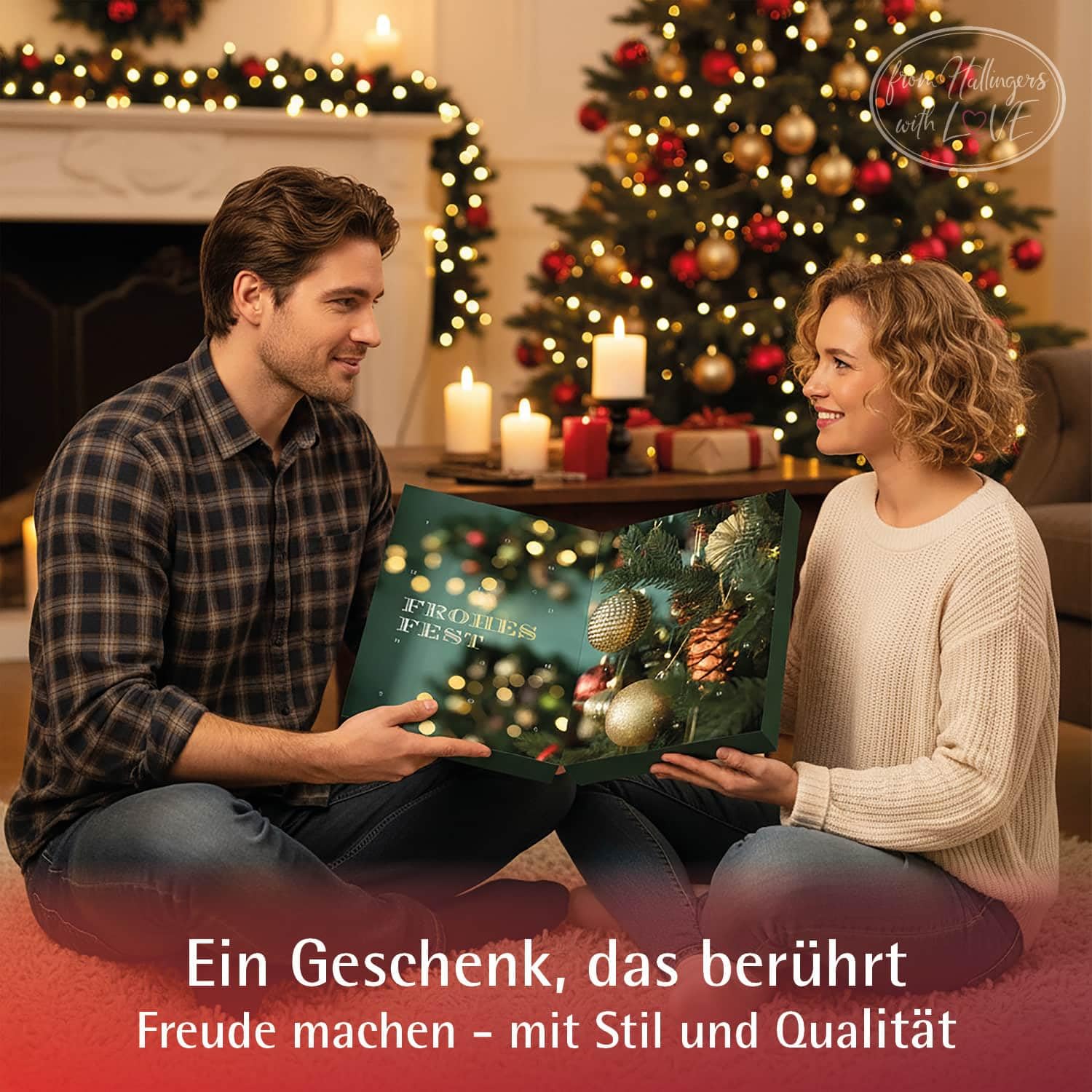 Hallingers Genuss Manufaktur Vegane Pralinen Adventskalender - mit & ohne Alkohol, handmade aus Confiserie-Edelkakao in wertigem Softfeel-Karton "Weihnachtsstimmung", Weihnachtskalender für Frauen