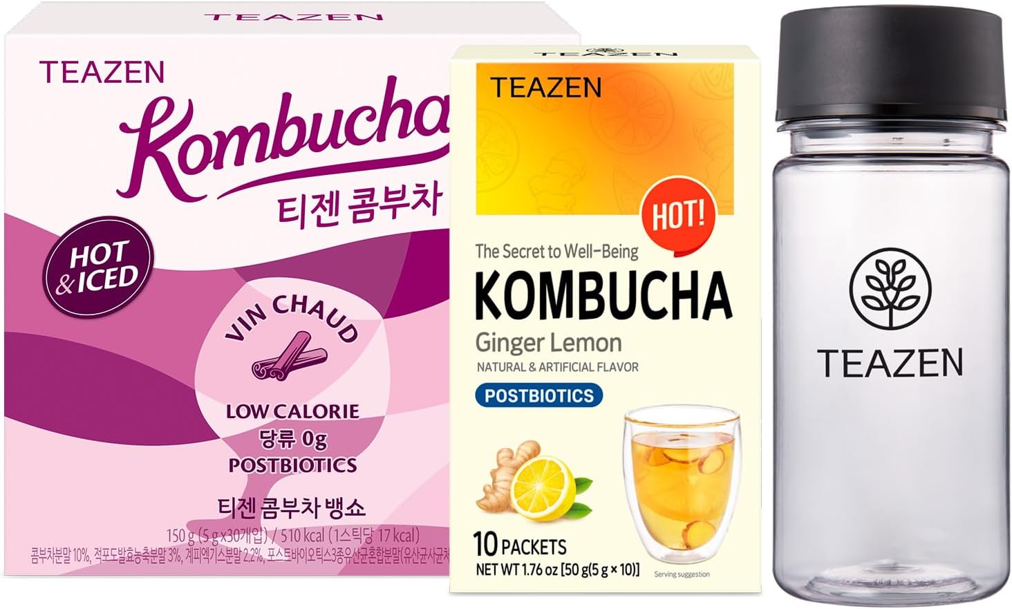 TEAZEN Kombucha Lemon Ginger, Mulled Wine Flavor 2 Pack with Classic Eco Bottle (Kombucha Powder 40 Sticks, Eco Bottle 1EA x 11.8oz)