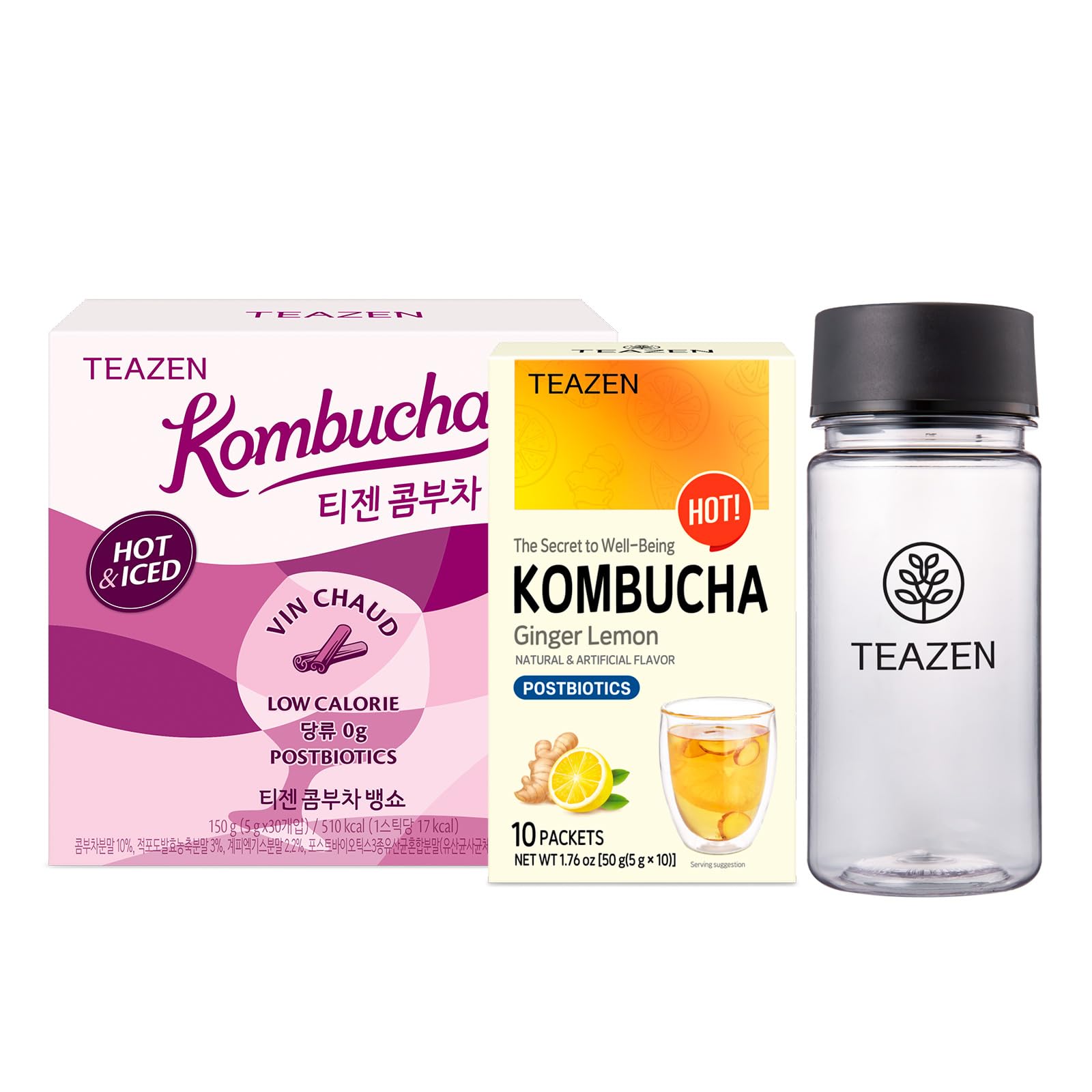 TEAZEN Kombucha Lemon Ginger, Mulled Wine Flavor 2 Pack with Classic Eco Bottle (Kombucha Powder 40 Sticks, Eco Bottle 1EA x 11.8oz)